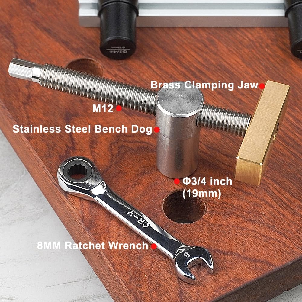 TOOLCOOL Bench Dog Clamp 3/4 Inch Dog Hole Clamp with Stainless Steel Bench Dogs for Woodworking MFT Table Workbench (2 Pack)