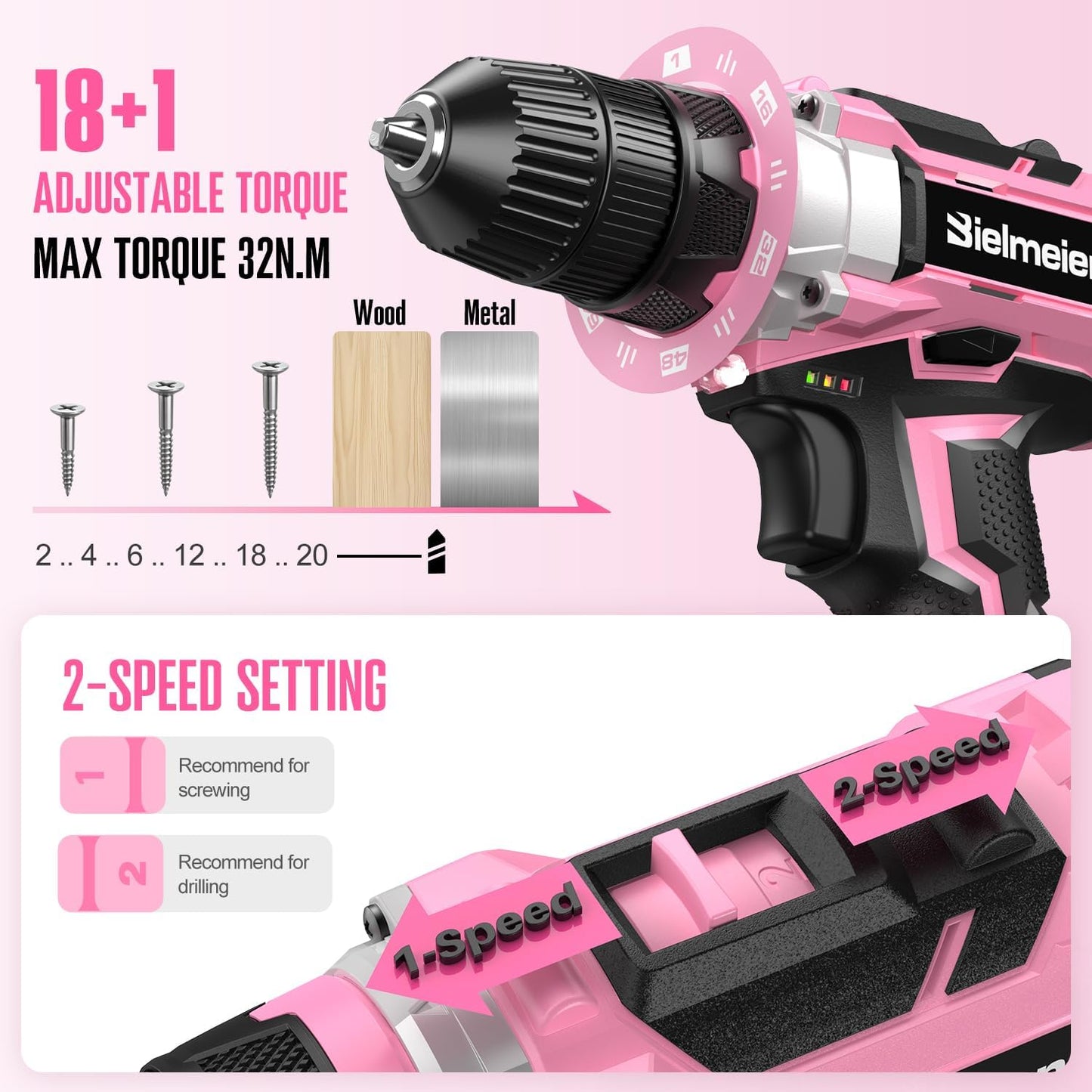 Bielmeier 20V 236Pcs Cordless Pink Drill Set for Women, Lady’s Essential Home Tool Kit with Pink Bag, Perfect DIY Electric Screwdriver Set for Home Repair & Gifts