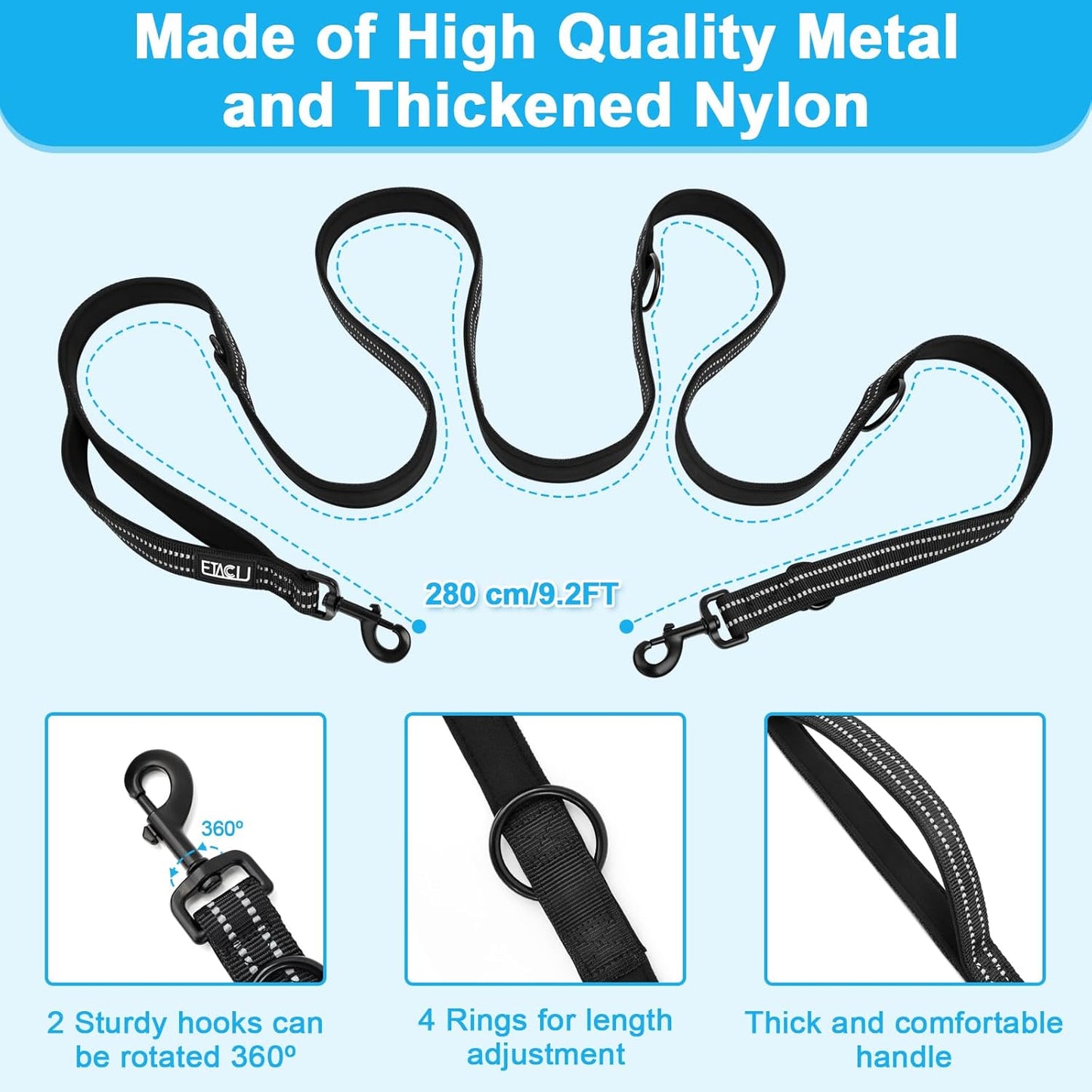 ETACCU Hands Free Dog Leash, Multifunctional Crossbody Dog Leash with Adjustable Length 6-9FT, Tangle Free Reflective Waist Leashs for Medium and Large Dogs