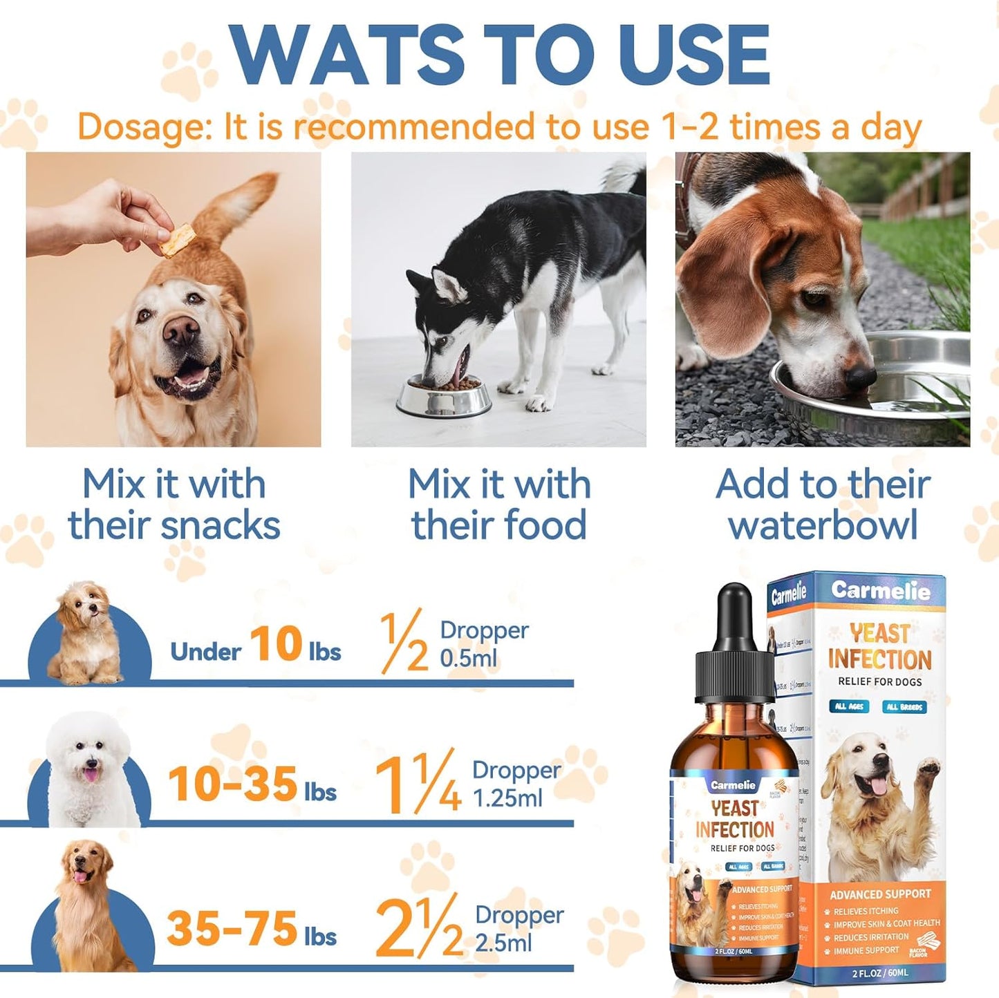 Natural Yeast Relief for Dogs, Support Healthy Itch Relief, Ear Paw Discomfort Care, Itch Relief for Dog, Allergy Supports, Inflammation Relief for Dogs, 60ml Bacon Flavor