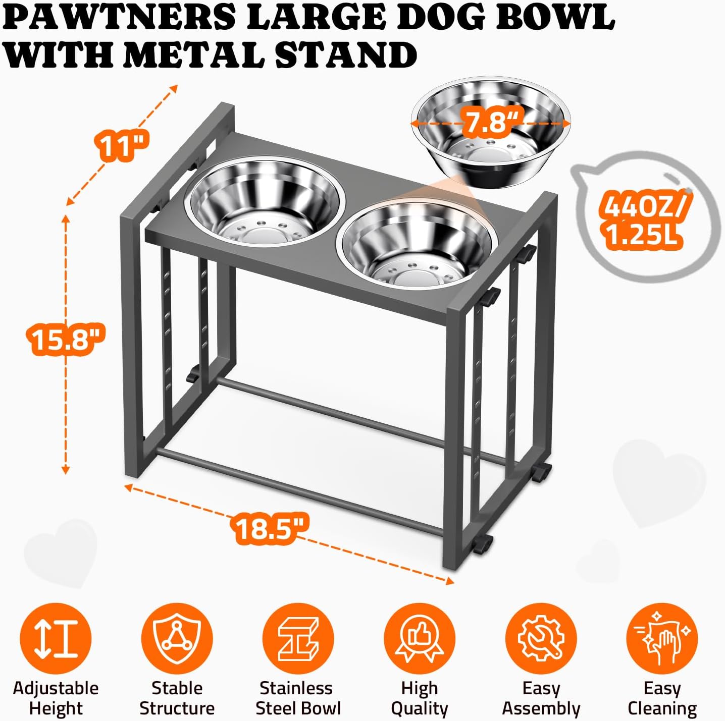 Elevated Dog Bowls for Medium Breed: 4 Height Adjustable Raised Dog Bowl Feeder Station with 2 Stainless Steel Bowls, Grey