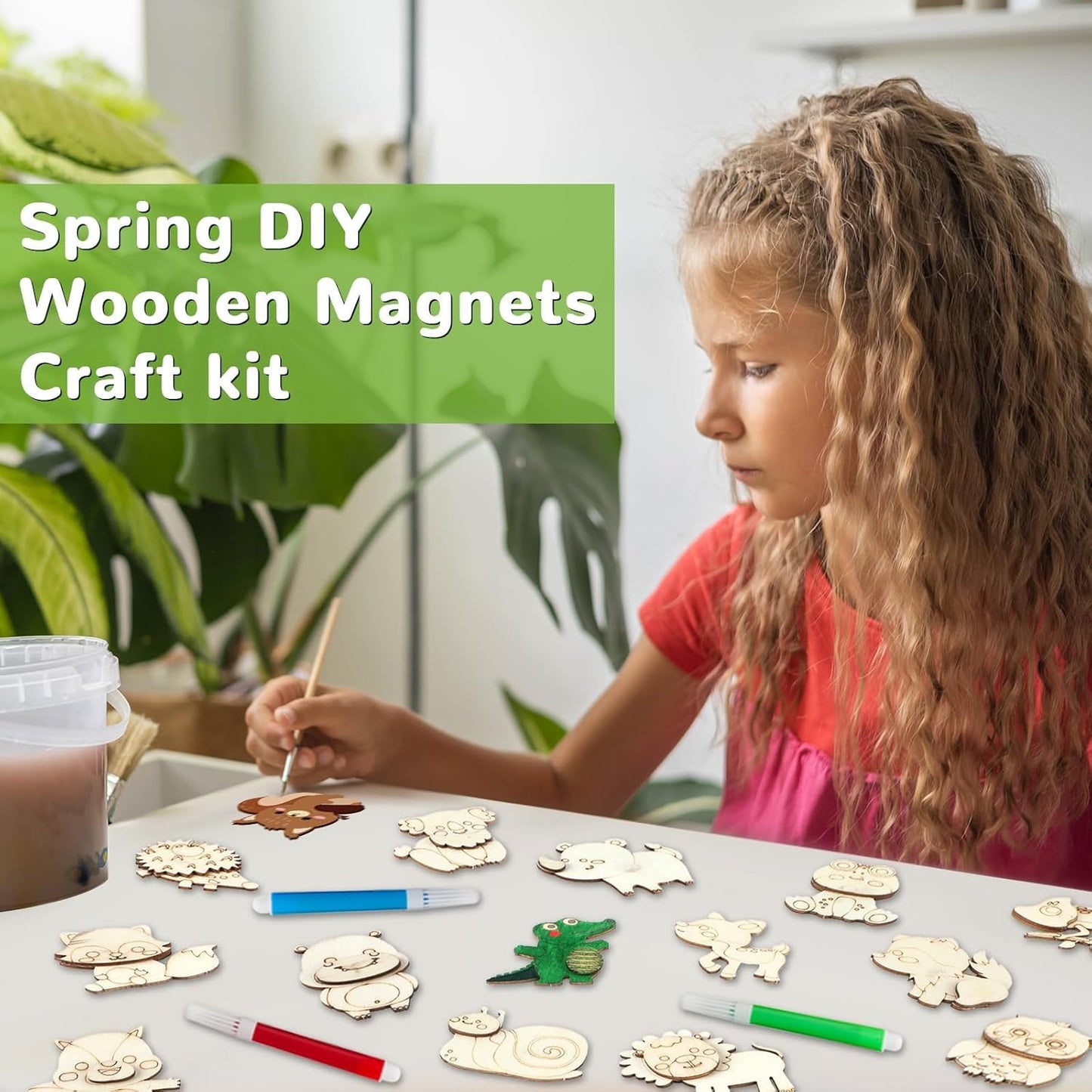 gisgfim 36Pcs Wooden Magnet Painting Craft Kit DIY Wooden Magnets Coloring Arts Crafts for Kids Ages 4-8 8-12 for Birthday Party Gifts Toys Jungle Animal Creativity Supplies Party Favors
