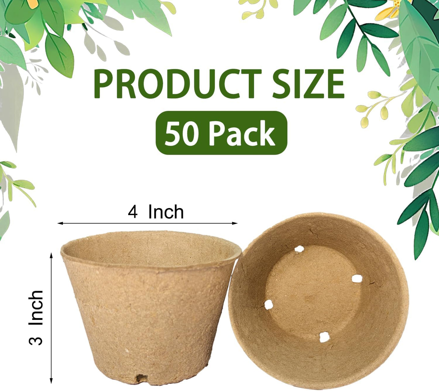 50 Pack 4 Inch Peat Pots, Biodegradable Seed Starter Pots with Drainage Holes for Indoor/Outdoor Gardening, Eco-Friendly Garden Germination Nursery Pots. (50, 4 Inch)