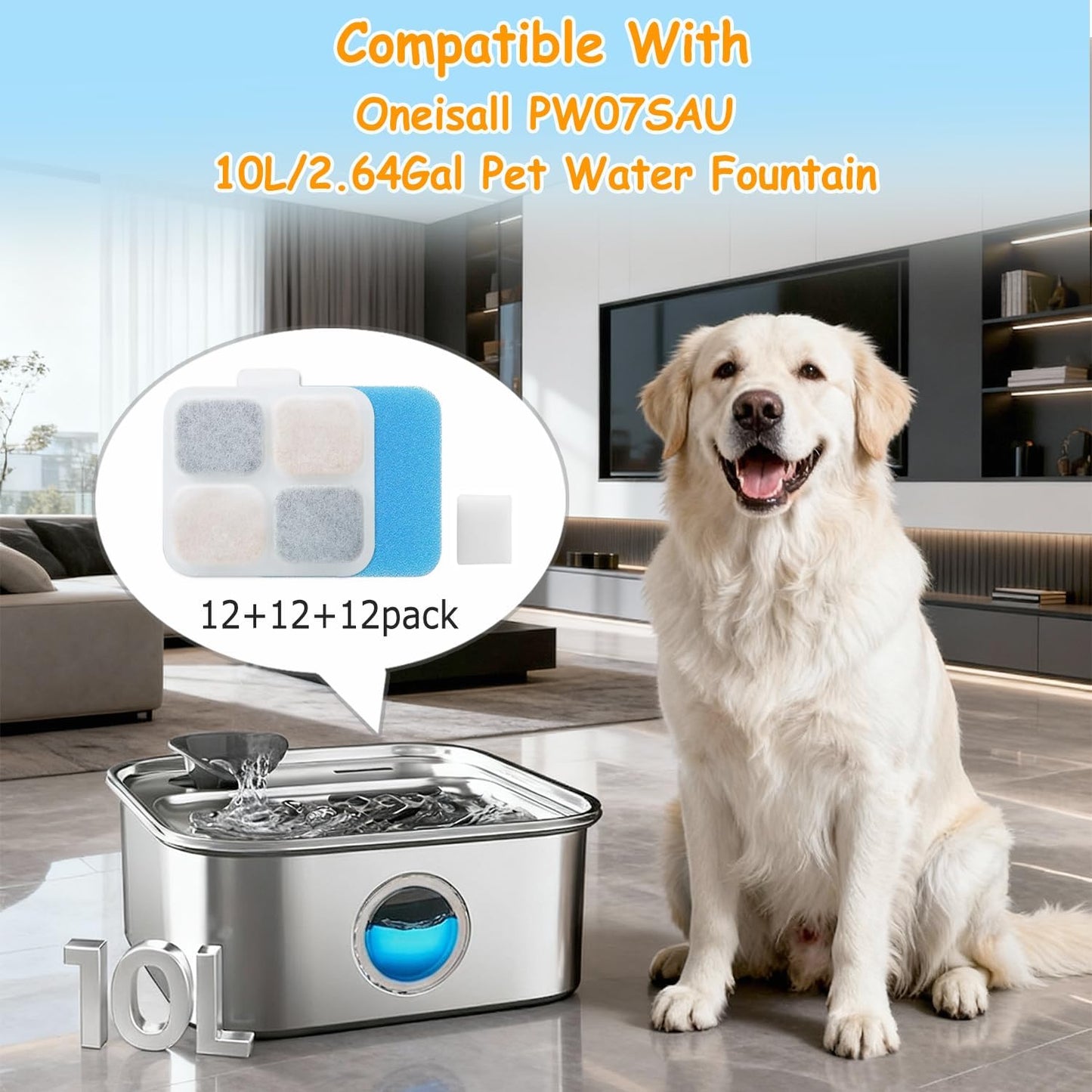 16+16 Pack Replacement Filters for Oneisall PW07SAU 10L/2.64Gal Stainless Steel Dog Water Fountain, Includes 16 Filters & 16 Sponges