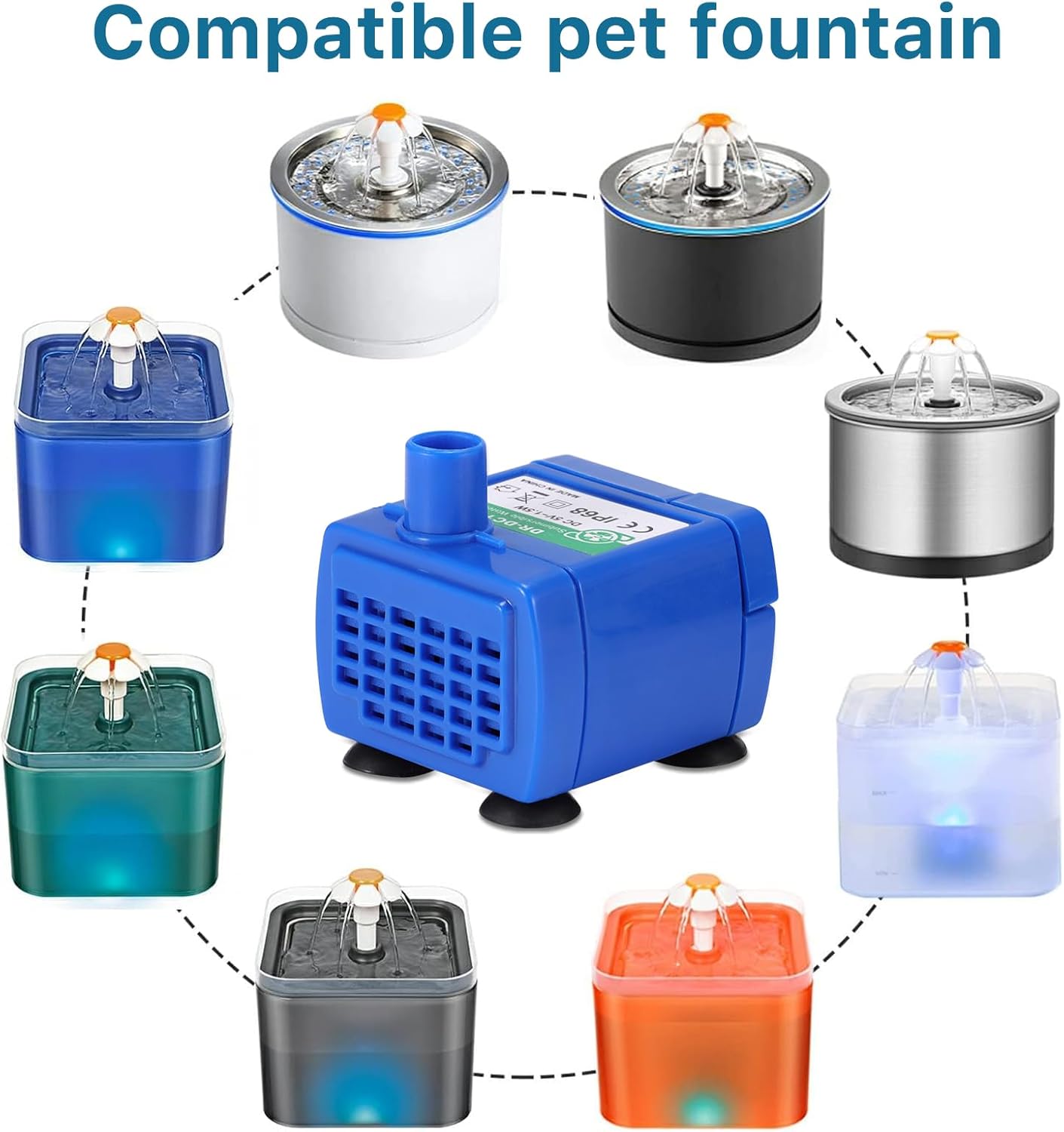 Cat Water Fountain Pump, Pet Fountain Pump Replacement Compatible Motor, Low Energy Consumption Ultra Quiet Drinking Pump with LED Light for Kitten Dog Pet Fountain Dispenser