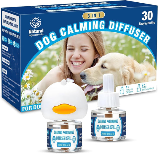 Dog Calming Pheromones Diffuser: 3-in-1 Kit Appeasing Pheromone Diffuser to Calm (1 Plugin+2x48ml Refills) for Comfort Reduces Stress Anxiety, Long-Lasting Appeasing Pheromone for Pet Dog Cat (3in1)