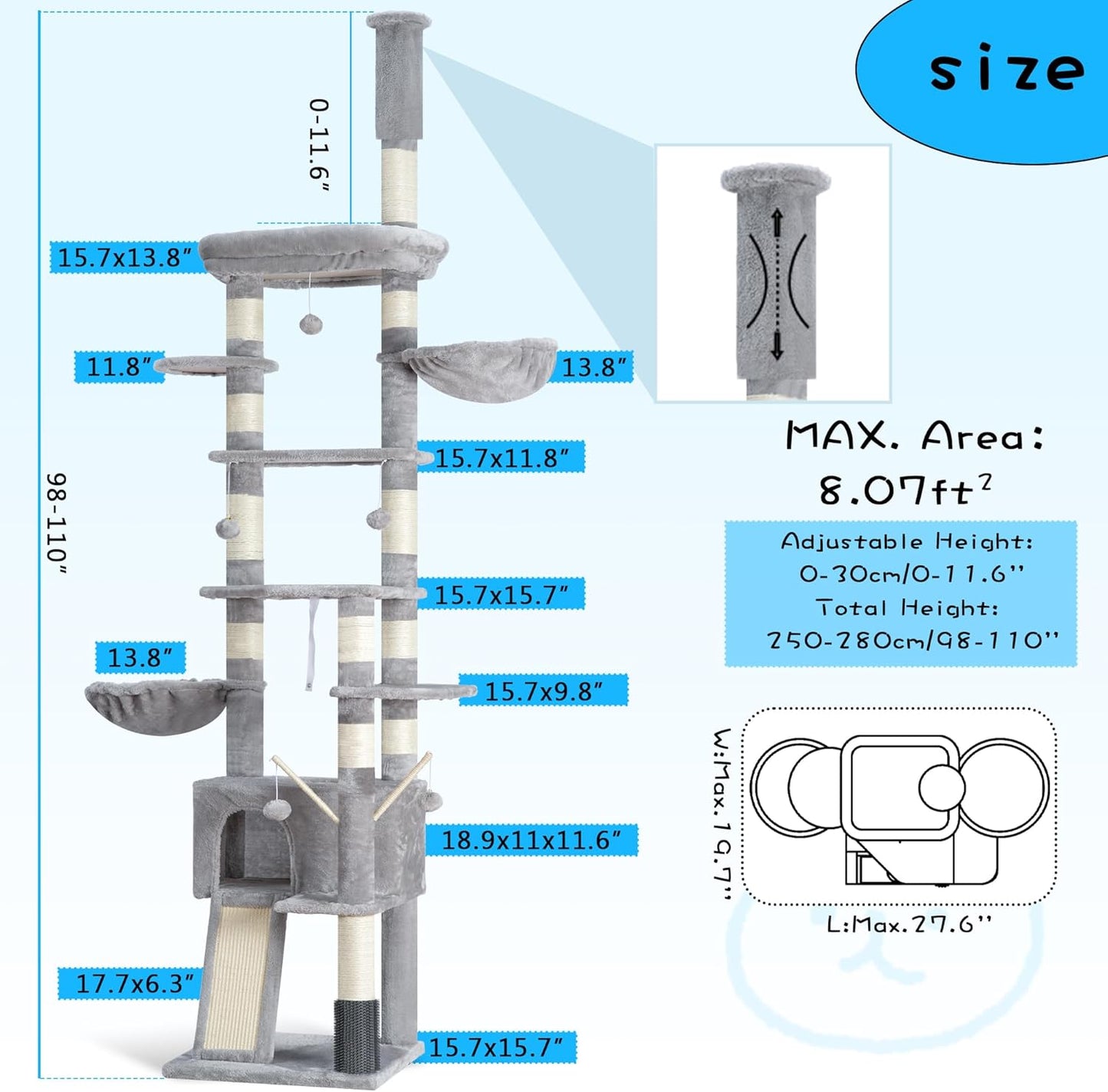 Hey-brother Cat Tree, 98.4-110.2 Inches Floor to Ceiling Cat Tree-Adjustable Height, Tall Cat Climbing Tower for Cats Large Adult with Scratching Post, Cat cando, Light Gray 0MPJ091W