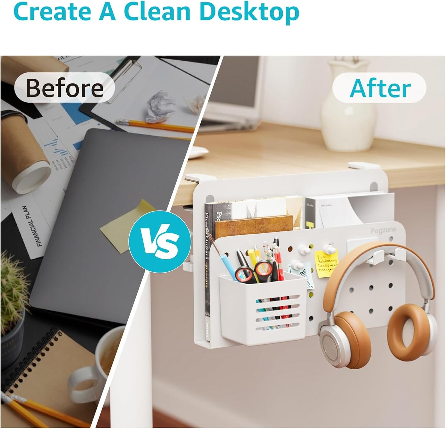Desk Side Storage Organizer, No Drill Under Desk Laptop Holder, Clamp on Desks Shelf with Pegboard Accessories, Hanging Laptop Mount, Fits Flat Edge 0.4" to 2.2", White