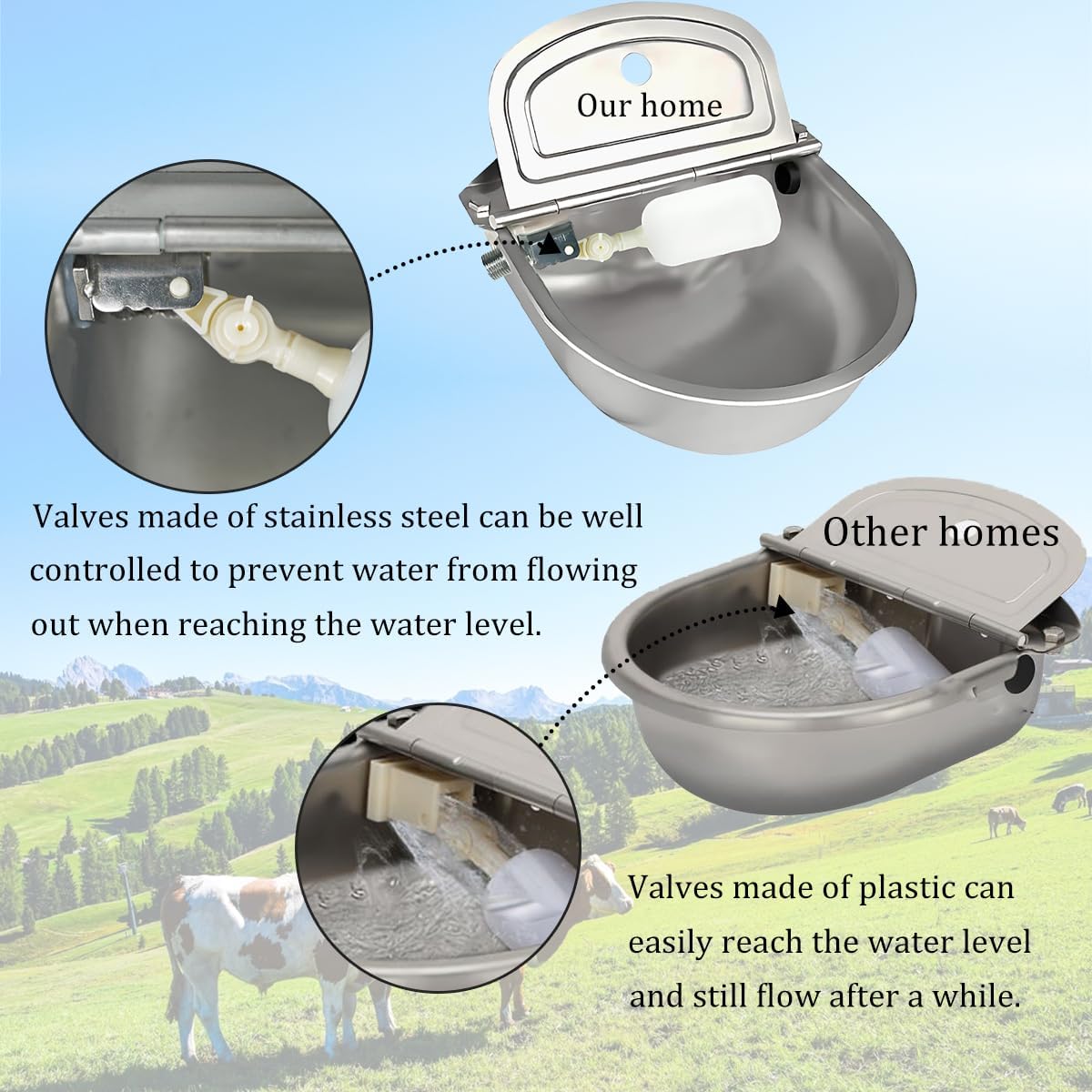 Automatic Animal Drinking Horse Water Bowl Stainless-Steel Livestock Waterer with Float Valve, Large Capacity Outdoor Trough for Dogs Horse Goat Pig Cow