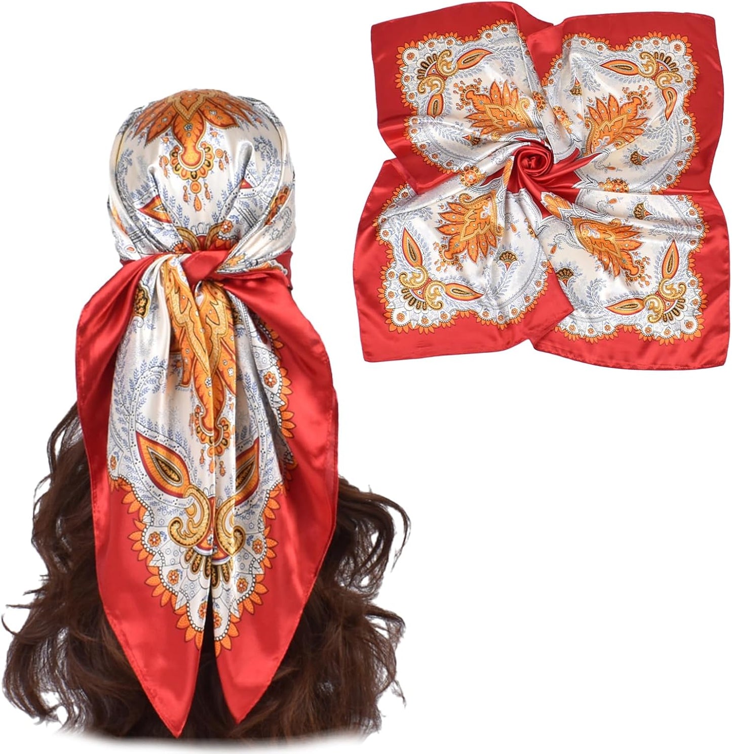 35 x 35 Women's Fashion Pattern Large Square Silk Like Hair Scarf Head Sleeping Wrap Satin Neck Bandana for Gift…