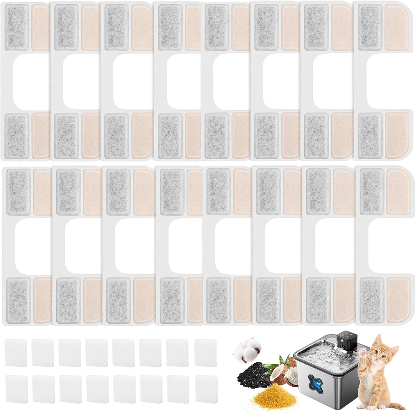 32 Pack Cat Water Fountain Replacement Filters, Compatible with FEELNEEDY Cat Water Fountain (FN-W17), 108oz/3.2L Pet Water Fountain, Including16 Pack Filters+16 Pack Pump Sponges
