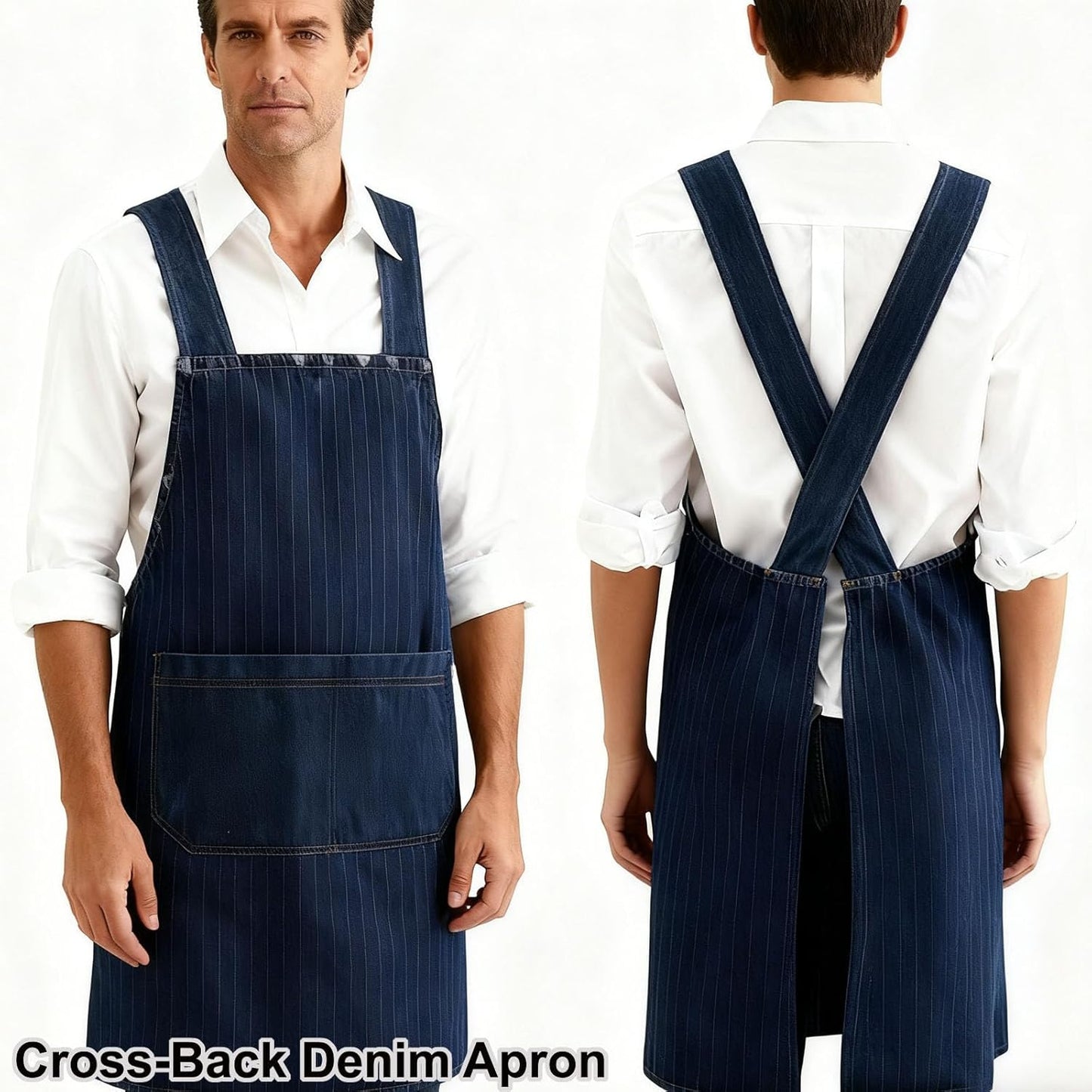 Adult Jour Apron, Lightweight Cotton Apron with Front Pocket, Denim Cross Back Aprons, Durable & Stain-Resistant