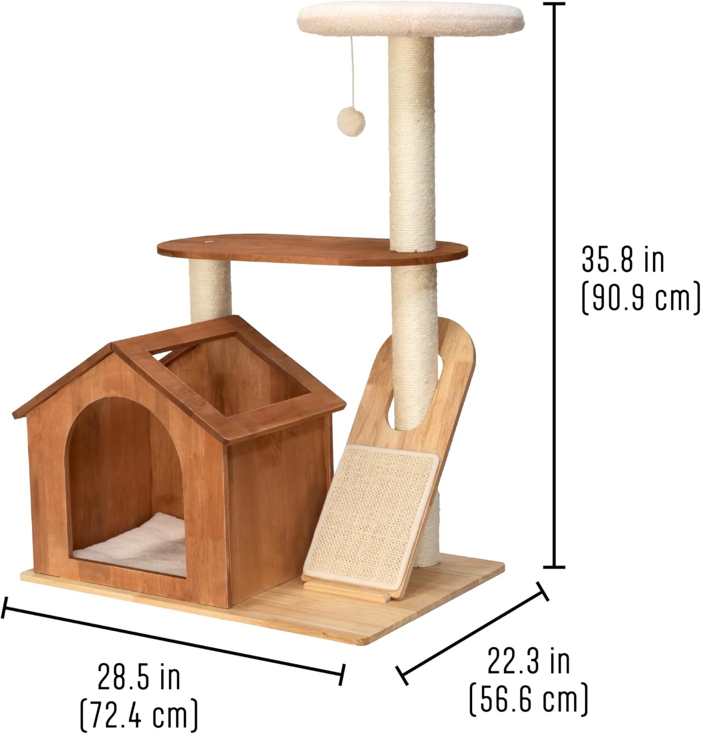 Kitty City Wooden Cat Tower with Hideaway House & Scratching Pad, Modern Two-Level Indoor Cat Furniture with Removable Sherpa Cushion
