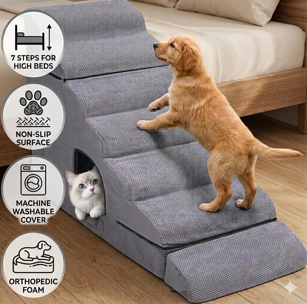 7-Step Extra Tall Dog Steps, Pet Stairs Ramp for 30 to 36 Inch Tall Bed Couch, Anti-Slip Bottom & Soft Foam Pet Ladder for Small Dogs and Cats, Grey
