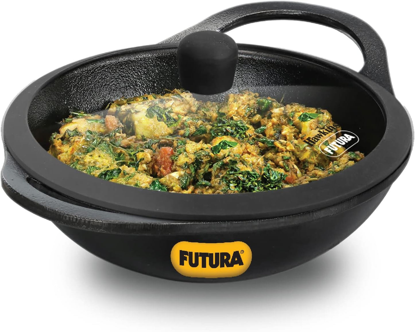 Hawkins Futura 2 Litre Cast Iron Kadhai, Naturally Nonstick Cast Iron Kadai with Glass Lid, Cast Iron Cookware for Kitchen, Black (CIK20G)