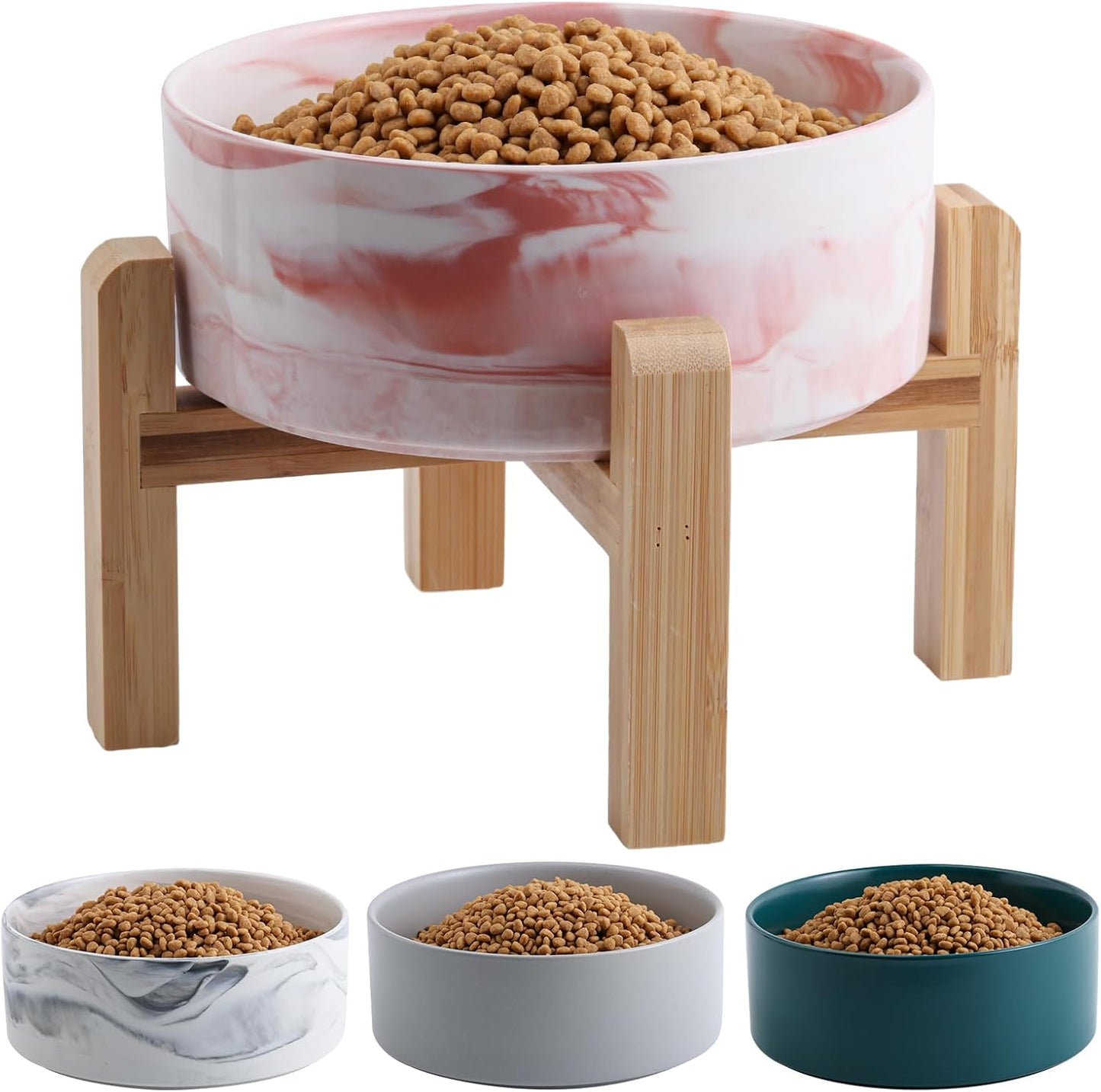 Elevated Dog Bowl Ceramic for Medium Large Sized Breed,Raised Dog Food Water Bowl with Stand,8 in 7.6 Cups Non Slip Pet Dish Heavy Weighted Marble Pink