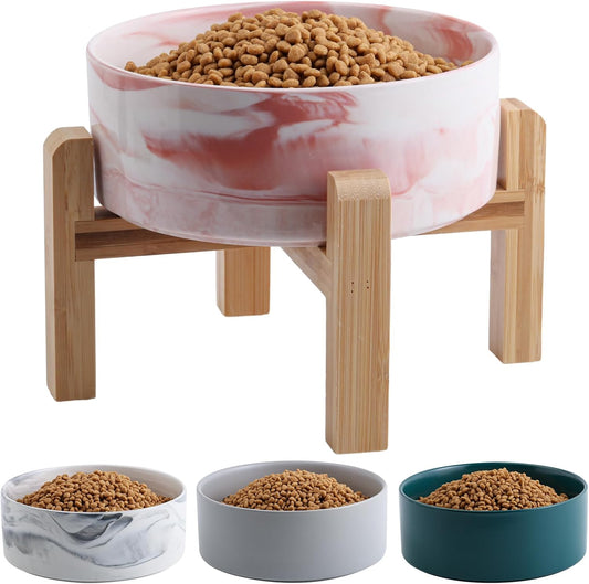 Elevated Dog Bowl Ceramic for Medium Large Sized Breed,Raised Dog Food Water Bowl with Stand,8 in 7.6 Cups Non Slip Pet Dish Heavy Weighted Marble Pink