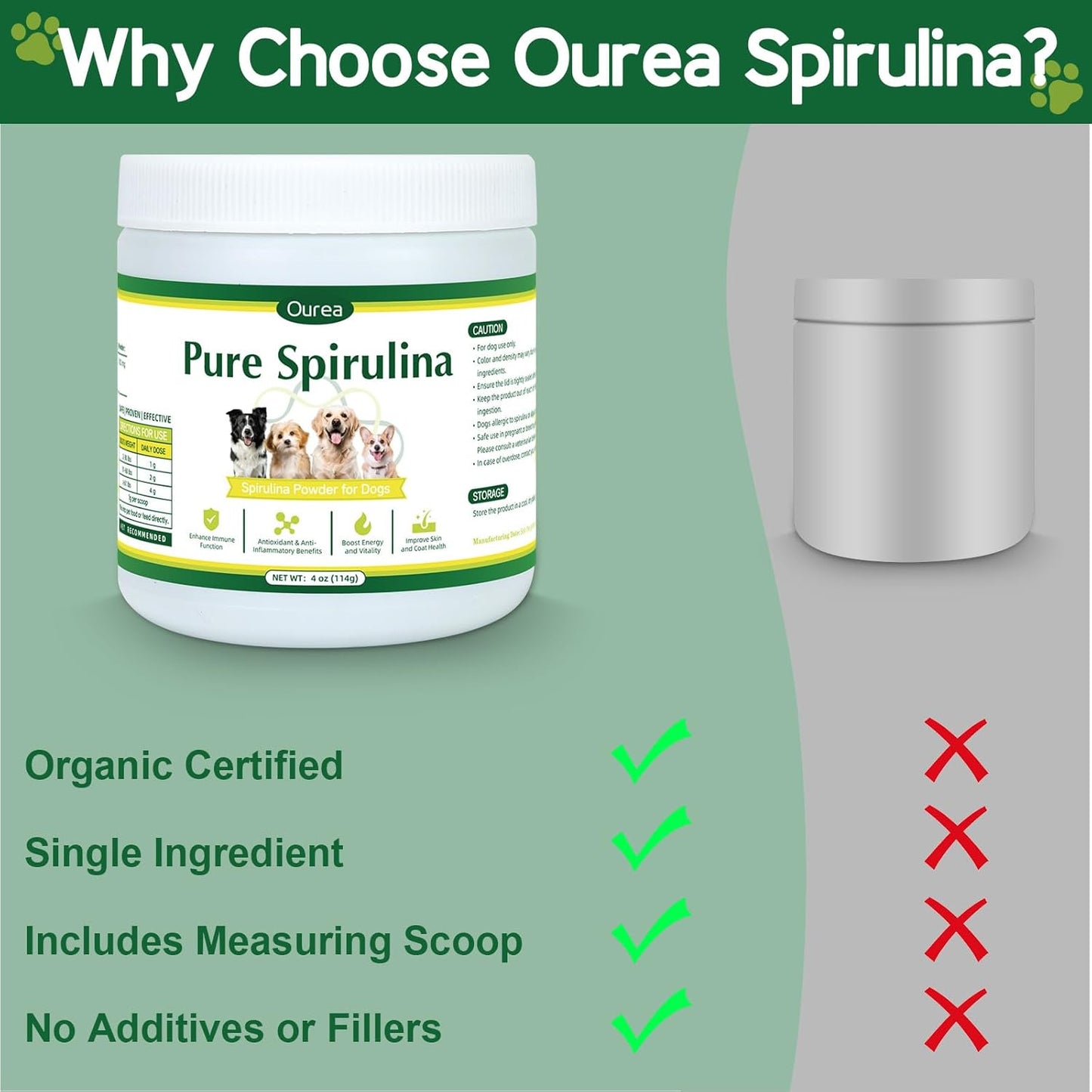 Organic Spirulina Powder for Dogs – Natural Superfood Supplement for Skin, Coat & Immune Health – 100% Pure Green Algae, No Fillers, No Additives, Boosts Energy & Vitality