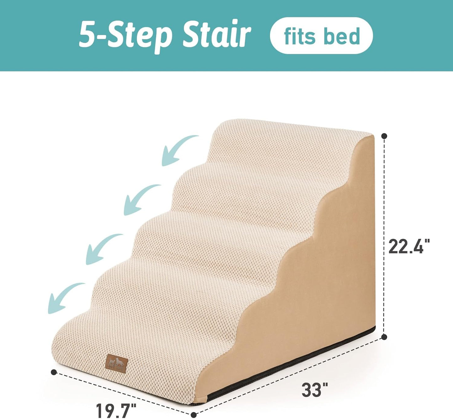 Wide Dog Stairs 19.7" Width, Pet Step for Small Medium/Large Dog, Puppy or Cat, Pet Ramp for High Bed or Car, High Density Foam Ladder, Stable, 5 Step, 19.7x33x22.4 in, Beige
