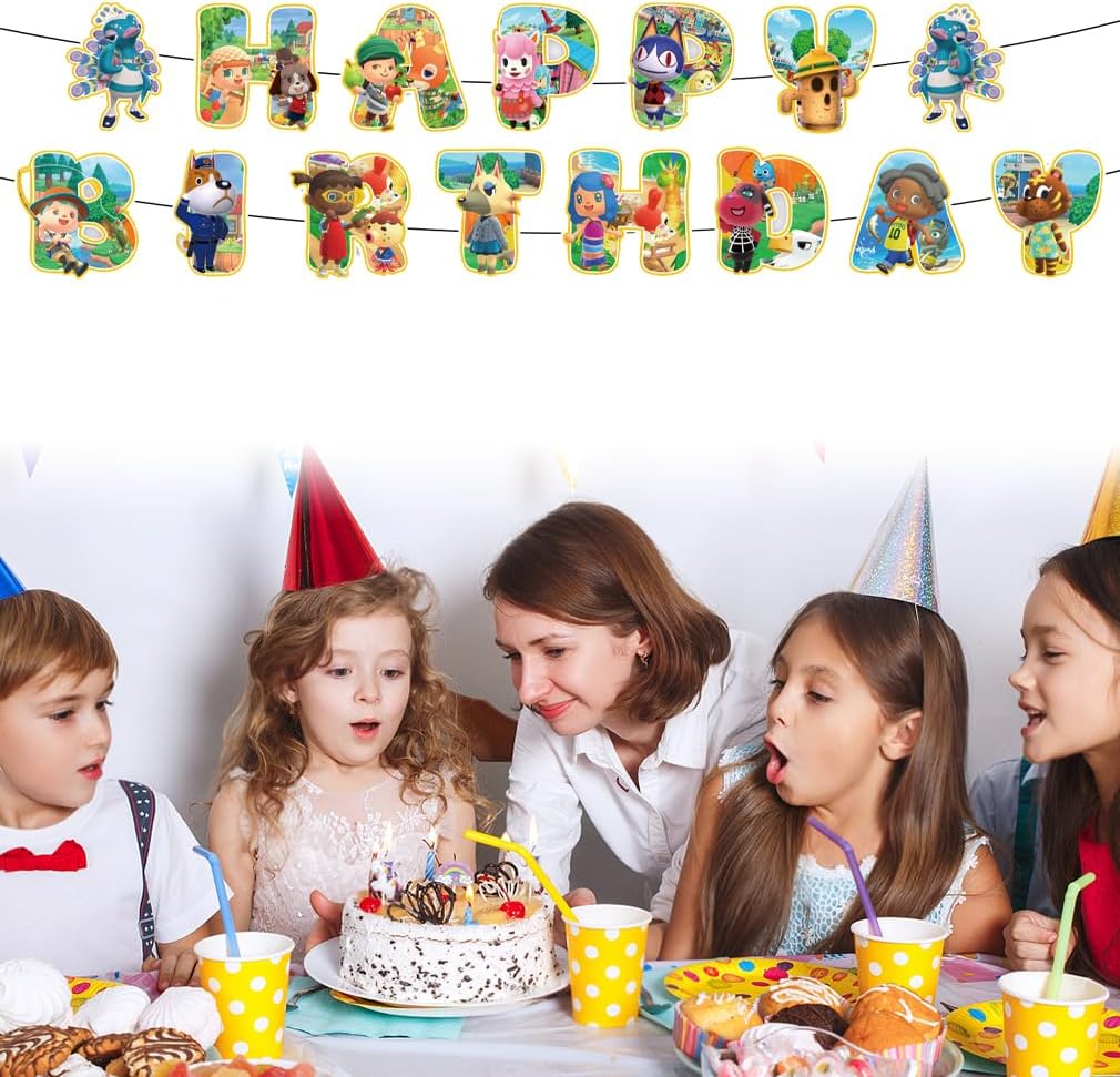 42pcs Animal-Crossing Birthday Party Supplies Pack Includes，Banner，Cake Topper，Blackdrop,Balloons for party supplies