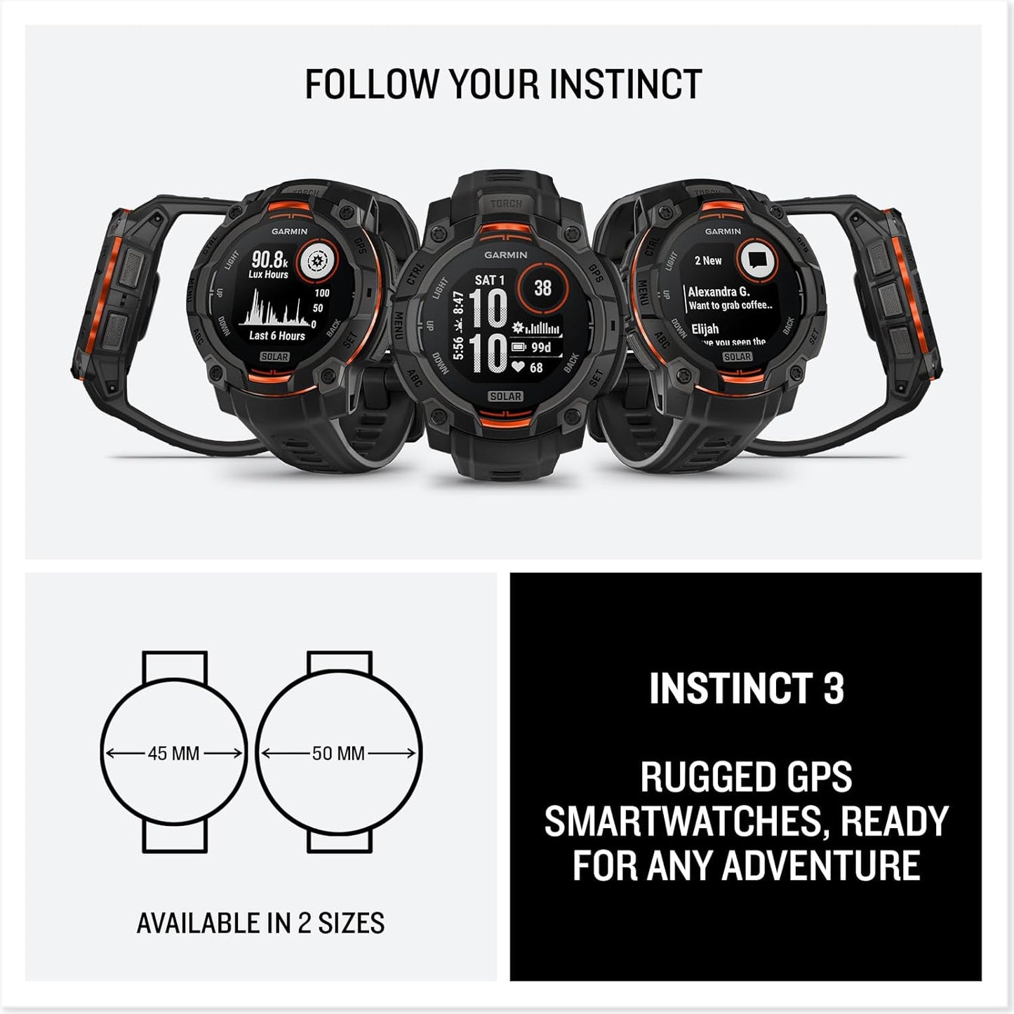 Garmin Instinct® 3 45mm, Solar Charged Display, Rugged Outdoor GPS Smartwatch, Metal-Reinforced Bezel, Built-in Flashlight, Black