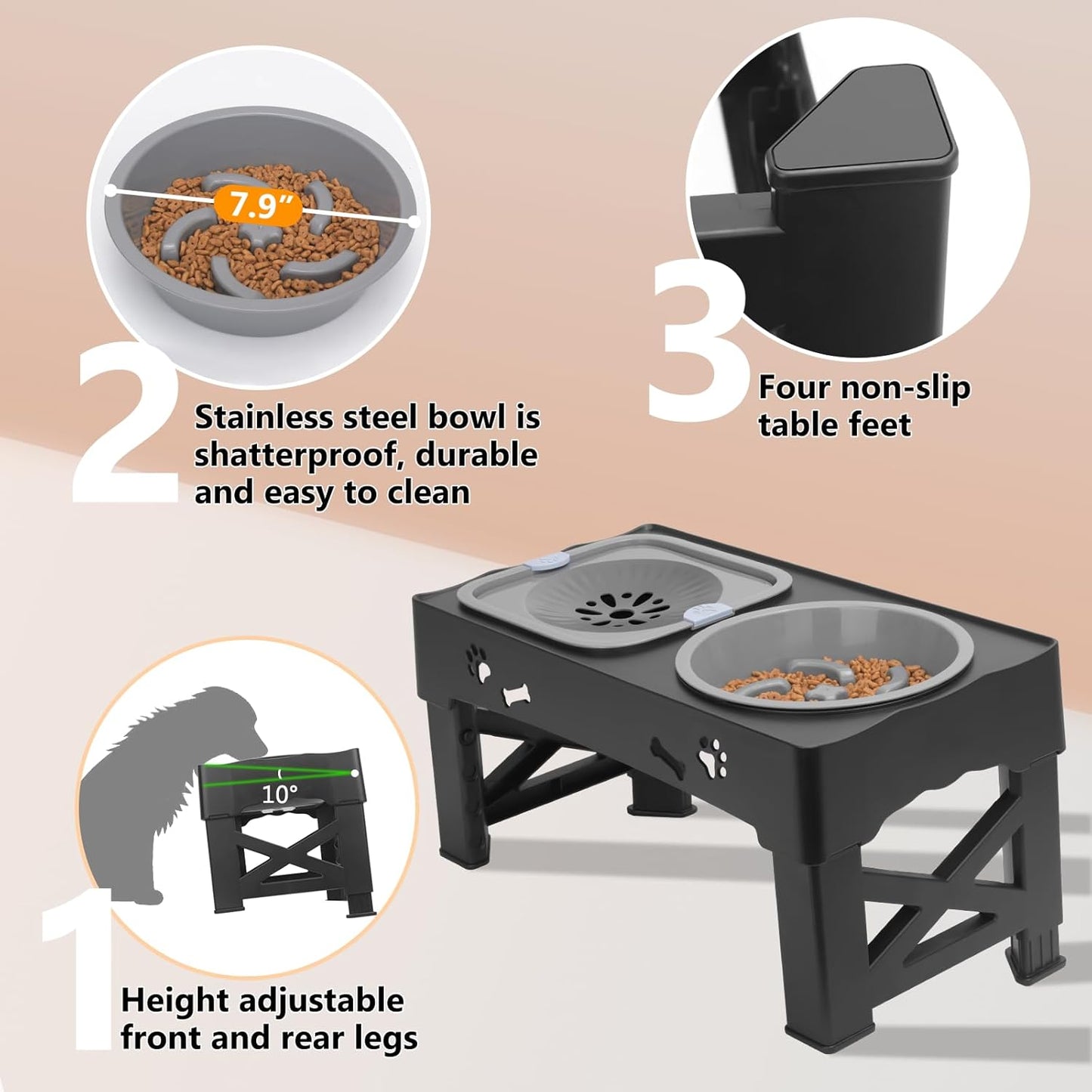 Elevated Slow Feeder Dog Bowls,with No Spill Dogs Water Bowl 5 Height Adjustable Raised Dog Bowl Food and Water Bowls with Stand for Small Medium Large Dogs,Cats and Pets
