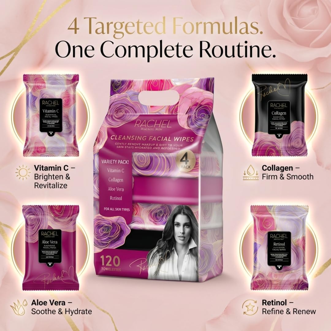 Rachel Roy 4 Pack Face Wipes for Women - Cleansing Makeup Remover Wipes with Vitamin C, Retinol, Collagen & Aloe Vera - 120 Pcs