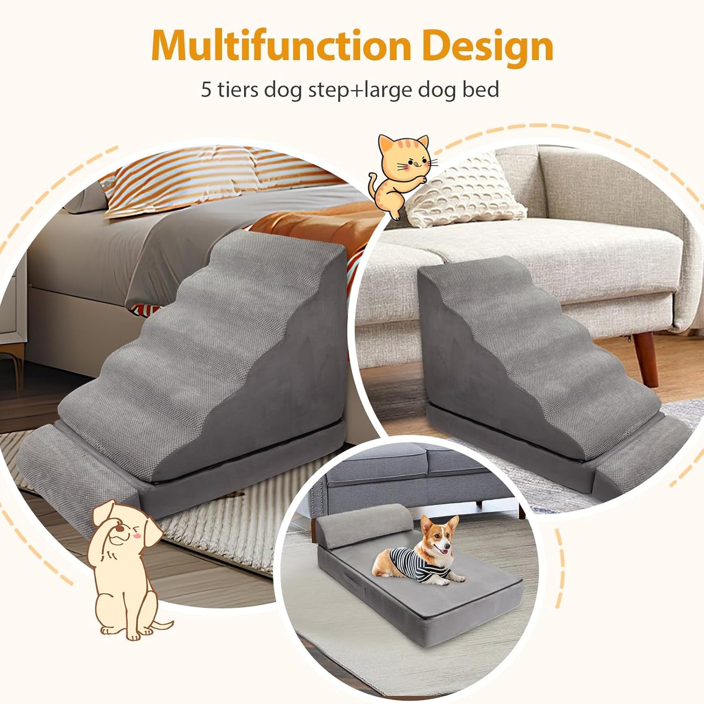 A.FATI 3-in-1 Dog Stairs for High Bed 30-36 Inches, 30D High Density Foam Pet Steps with, Non-Slip Dog Ramp for Small/Old/Short-Legged Dogs, Detachable Cover
