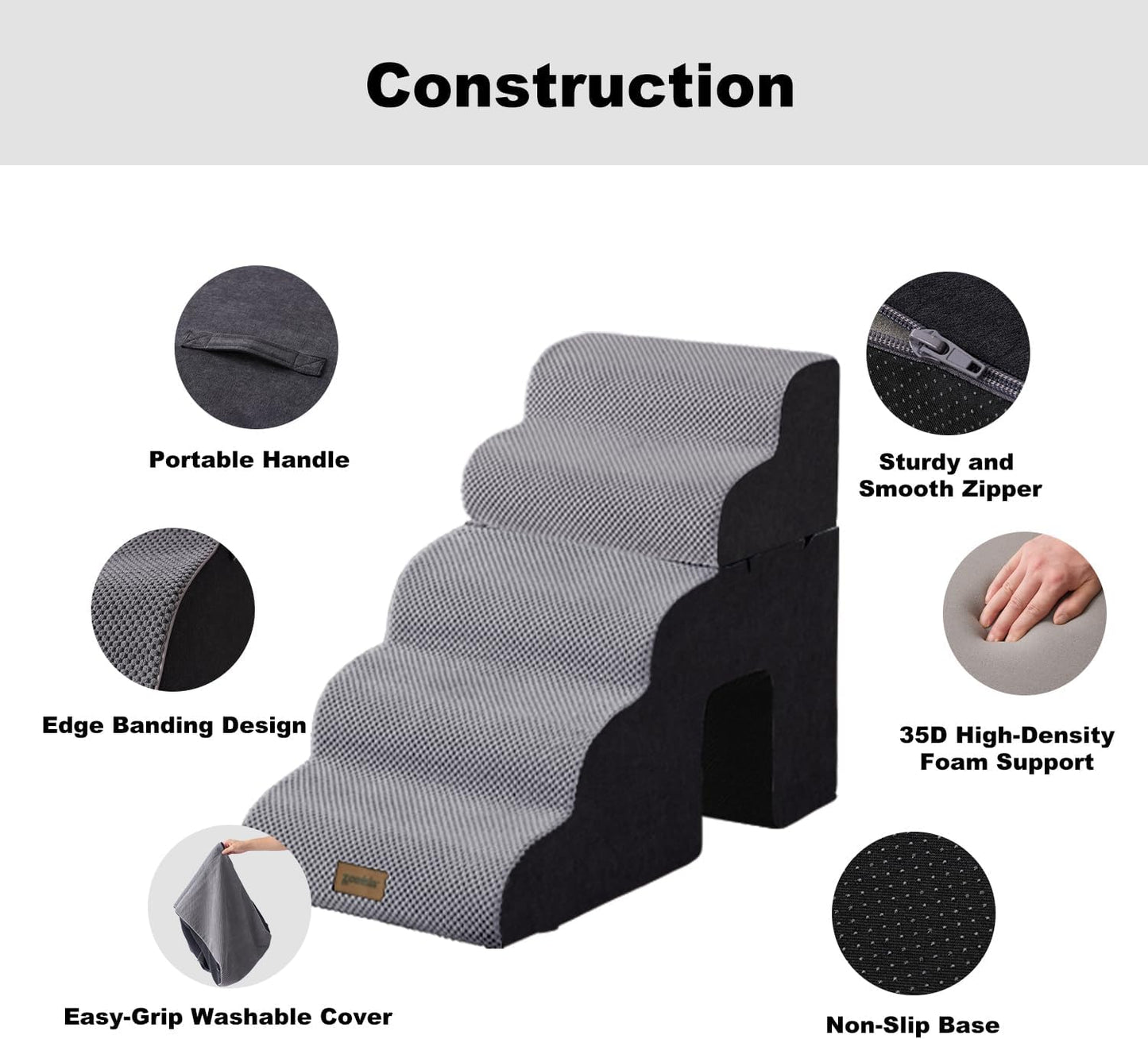 Dog Ramp for Large Dogs - 24" H 5 Steps Pet Stairs for High Bed with Tunnel 2 in 1 with Zippers Suitable, Indoor Cat Ladders with Non-Slip Bottom, Black