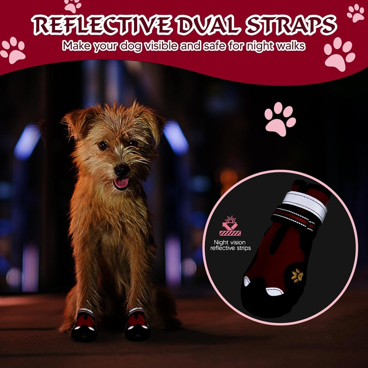 Dog Shoes for Large Dogs, 360°Anti Slip Medium Dog Boots & Paw Protectors Winter Snowy, Waterproof 4Pcs Dog Booties with Reflective Strips (Size 7: 2.76''x3.27''(W*L), Red)