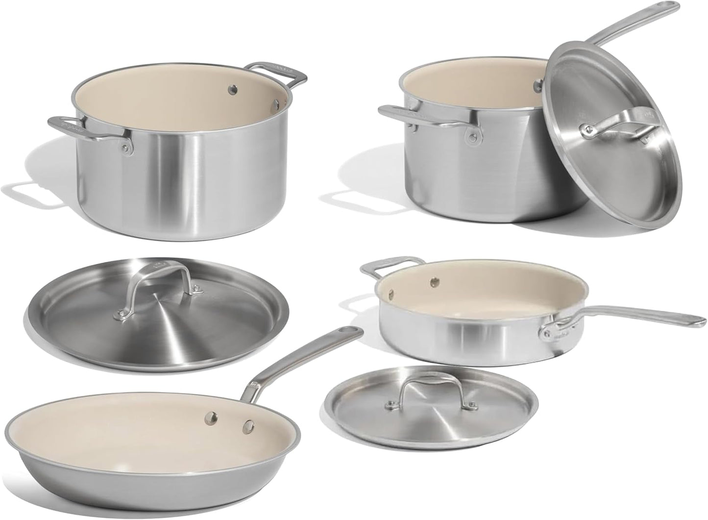 Made In Cookware | 7-Piece Ceramic Non Stick Pot and Pan Set (Stainless Handle) | 5-Ply Stainless Clad | Professional Cookware | Crafted in Italy | Induction Compatible