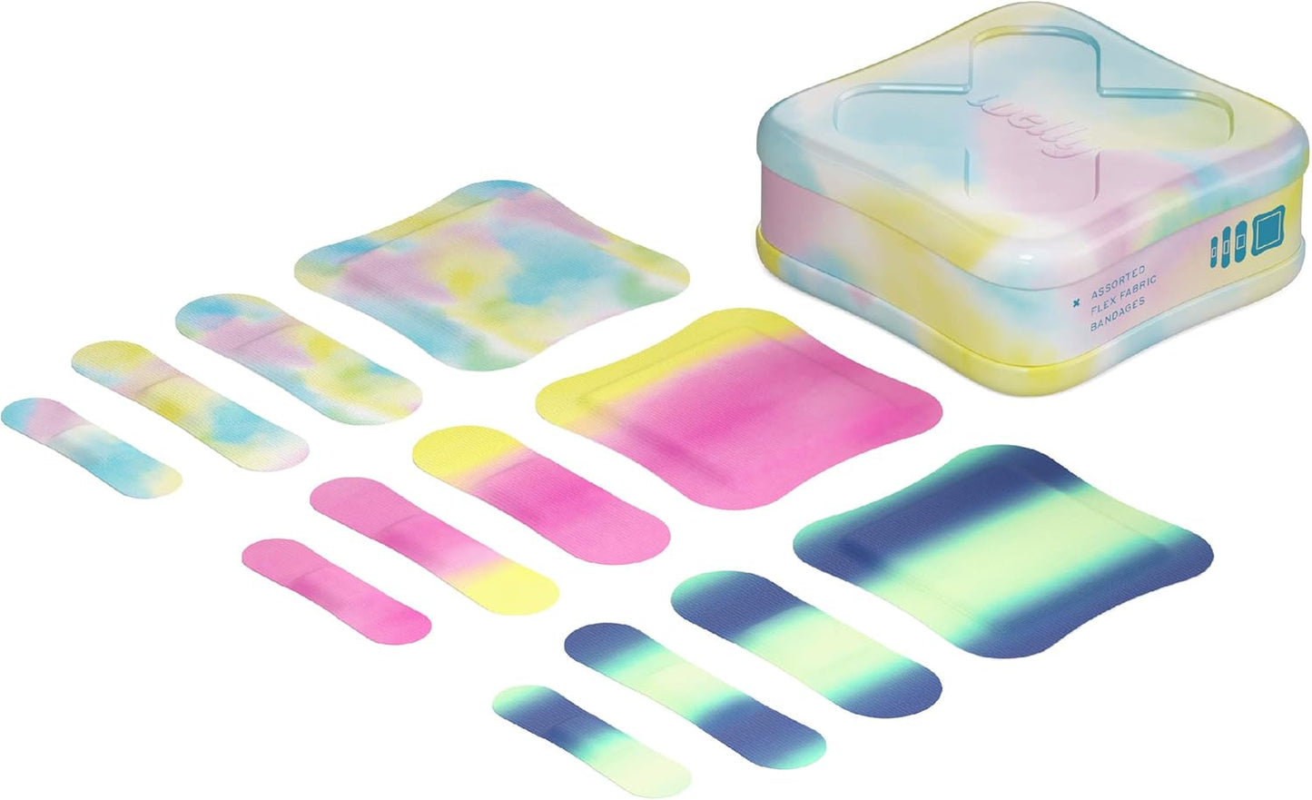Welly Bandages | Adhesive Flexible Fabric Bravery Badges | Assorted Shapes for Minor Cuts, Scrapes, and Wounds | Colorful and Fun First Aid Tin | Colorwash Tie Dye Patterns - 48 Count