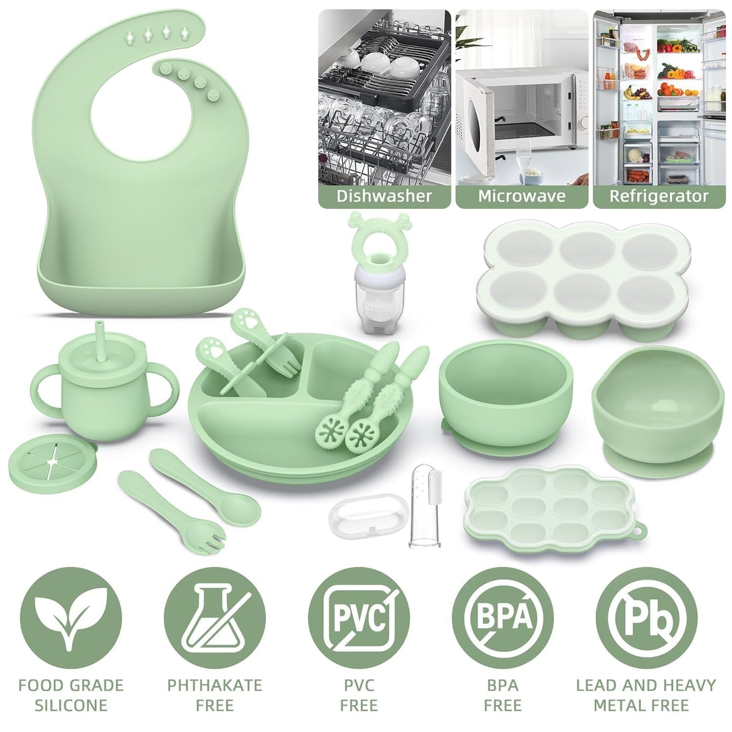 16 Pack Silicone Baby Feeding Set, BPA-Free Baby LED Weaning Supplies, Include Suction Plates, Baby Bowls, Silicone Fork & Spoon, and More, First Stage Baby Food Eating Utensils - 6+ Months(Green, 16)