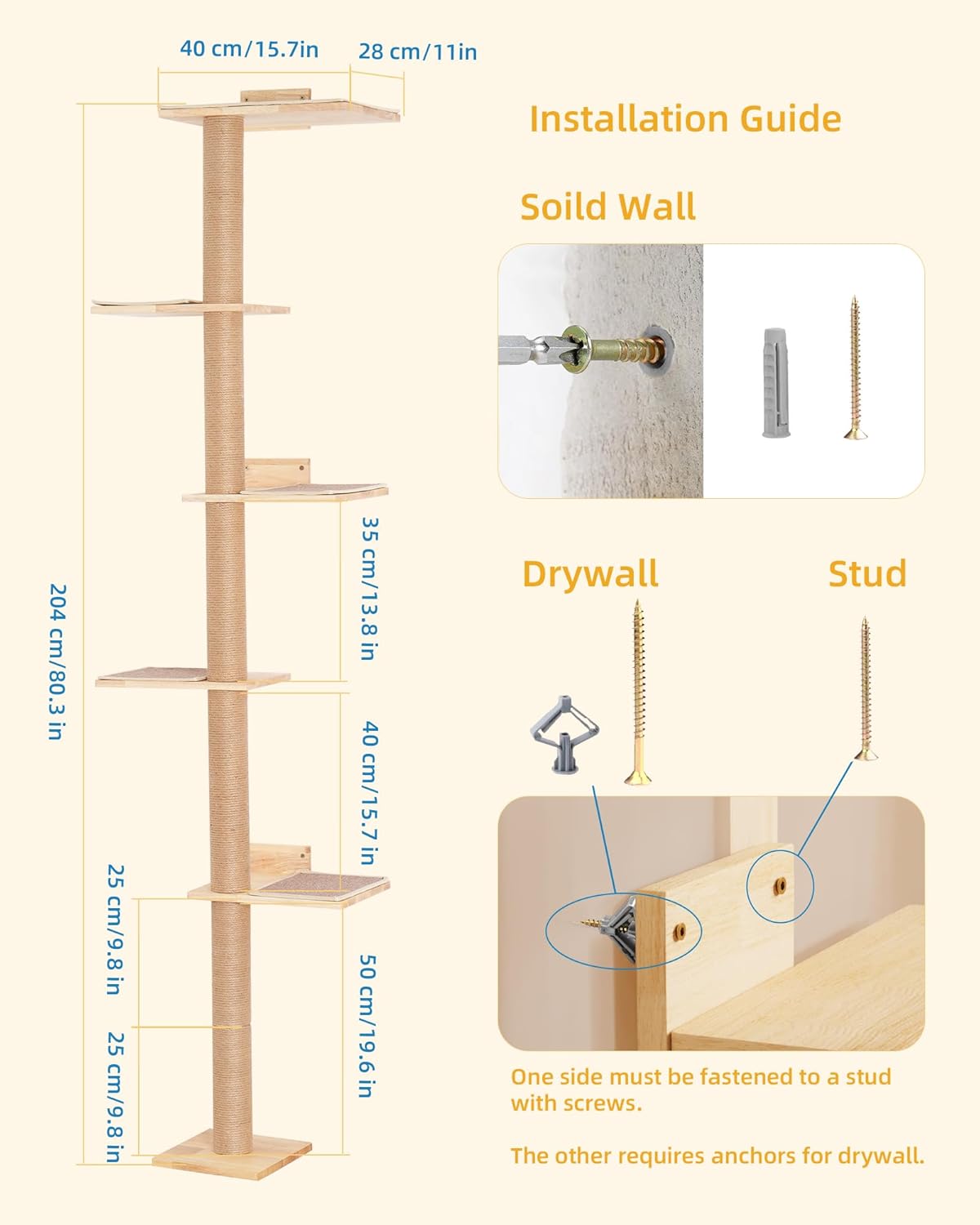 80inch Wall Mounted Cat Tree, 15.8in Top Perch Bed for Large Adult Cats, Adjustable Cat Shelves Floor to Ceiling for Scratch, Climb, and Lookout
