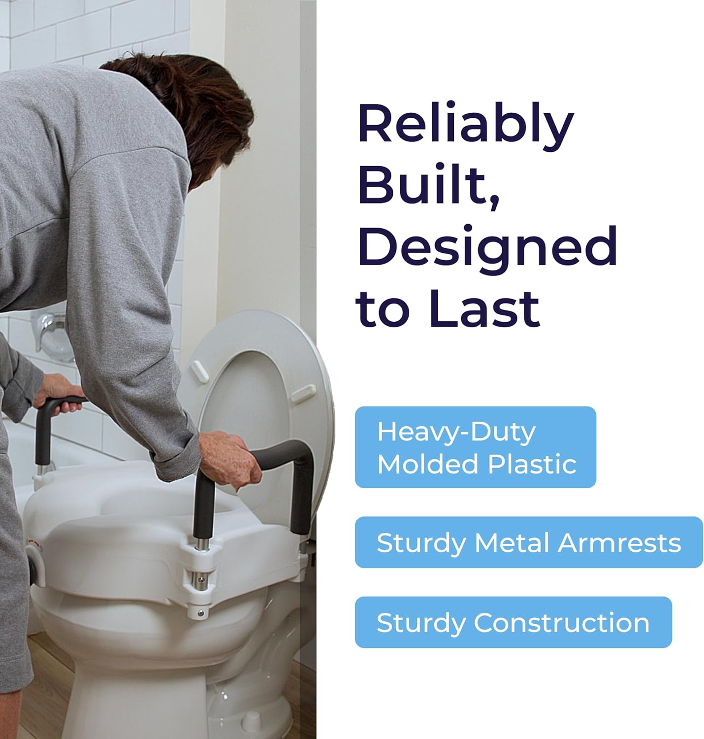 Drive Medical 2-in-1 Raised Toilet Seat with Removable Padded Arms - Elevated Bathroom Safety Support - Secure Locking Attachment - Easy Height Assistance - Durable Construction, Standard Toilets