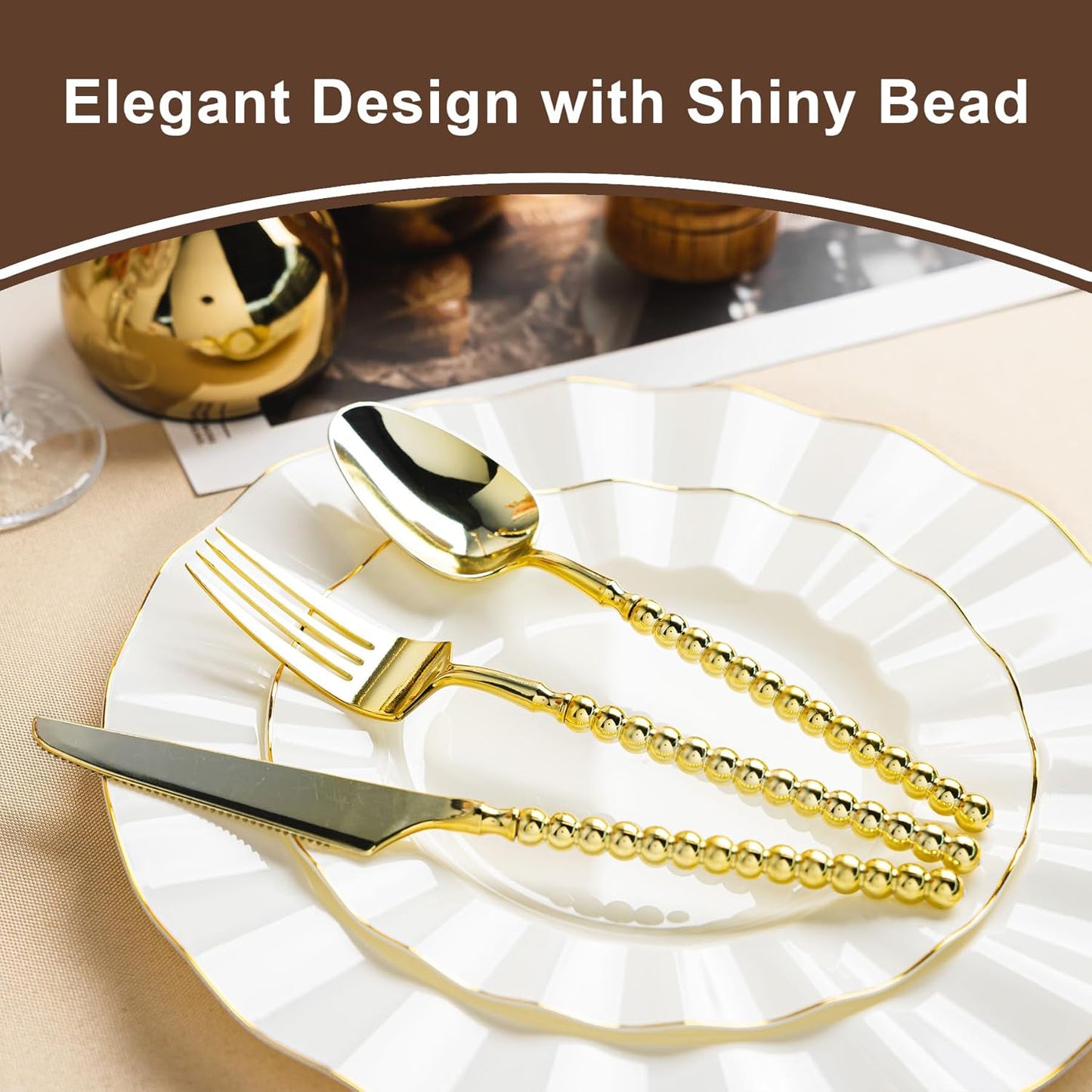 300PCS Gold Plastic Silverware, Heavy Duty utensils, Disposable Plastic Cutlery Silverware Include 100 Forks, 100 Knives, 100 Spoons for Party and Wedding, Gold Bead