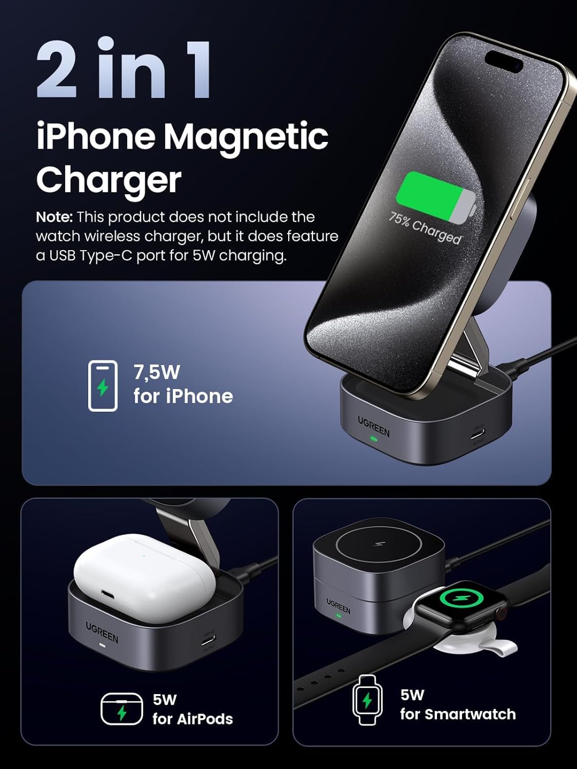 UGREEN MagFlow Magnetic Foldable Charging Station, 2-in-1 Fast Wireless Charger Compatible with iPhone 17 17 Air 17 Pro 17 Pro Max 16 15 14 13 12, Airpods3 2 Pro (No AC Adapter)
