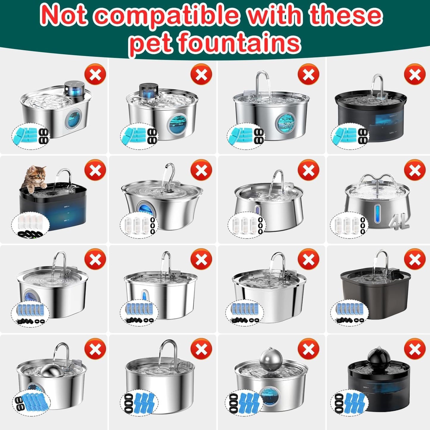 Cat Water Fountain Filters,16 Pack Cat Fountain Replacement Filters for Stainless Steel 67oz/2L Adjustable Water Flow Pet Water Fountain,Dog Water Fountain (16+16Pack)