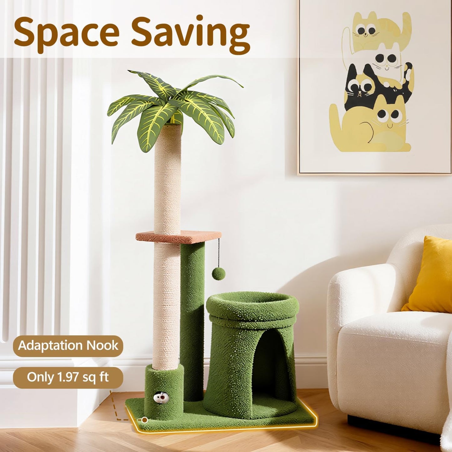 Cat Tree Tower Scratching Post Stand for Indoor, 41" Compact Palm Tree Kitten House Condo with Cozy Bed for Small Cats, Space Saving Design, Supports Climber Scratch Playing and Rest