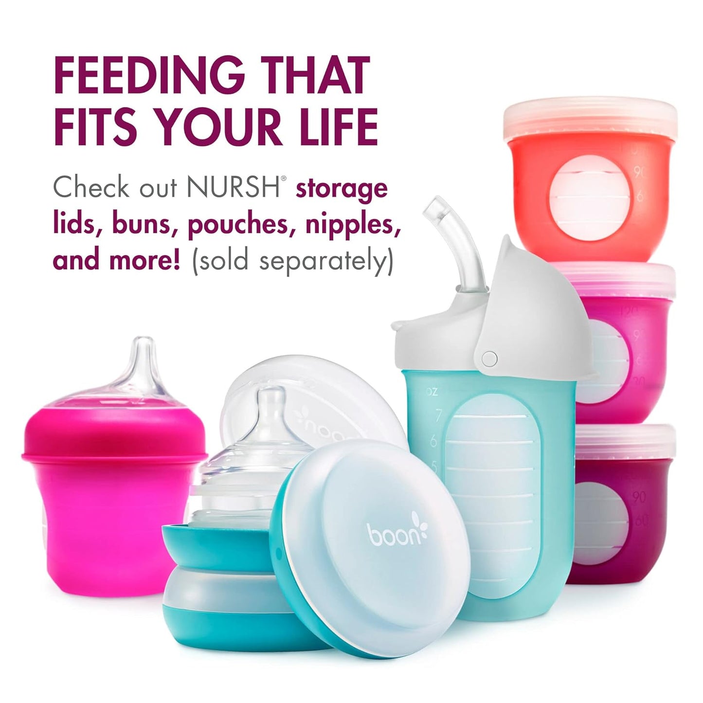 Boon Nursh Reusable Silicone Pouch Baby Bottles - Slow Flow Nipple - Silicone Baby Bottle Pouch and Nipple - Baby Feeding Essentials - Pink - 0-3 Months - 3 Count - 4 Ounce