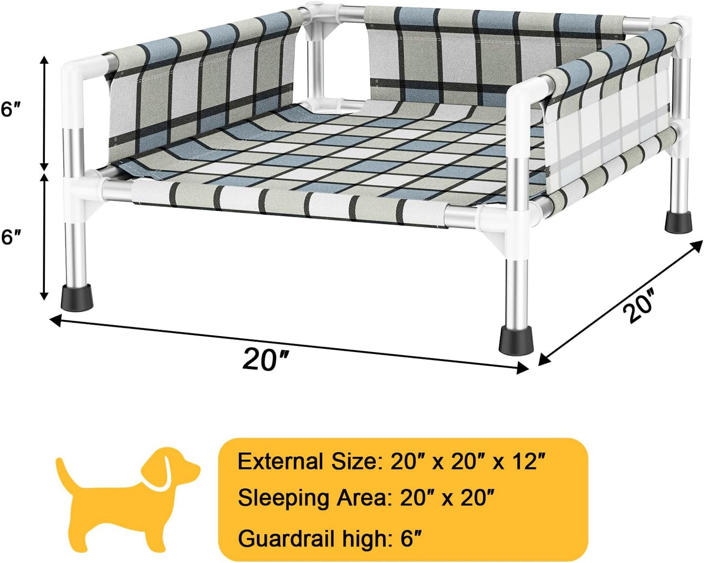 Elevated Raised Outdoor Dog Bed - Cooling Washable Dog Cot with Guardrail, Durable & Breathable Cotton Mesh Pet Hammock Beds with Stainless Steel Pipe Frame for Small Pets (20'' x 20'' x 12'')