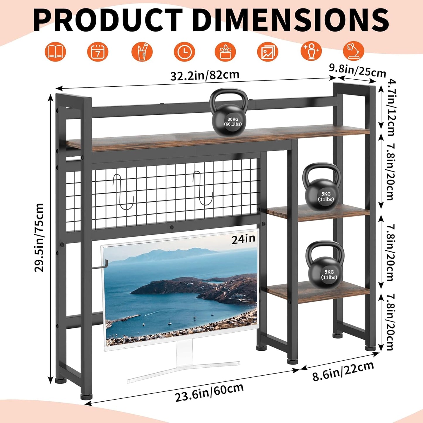 Desktop Shelf, 32.3'' Desktop Organizer Shelf for Computer Monitor, 4 Tier Hutch Storage Rack for Home Office Dorm, Rustic Brown