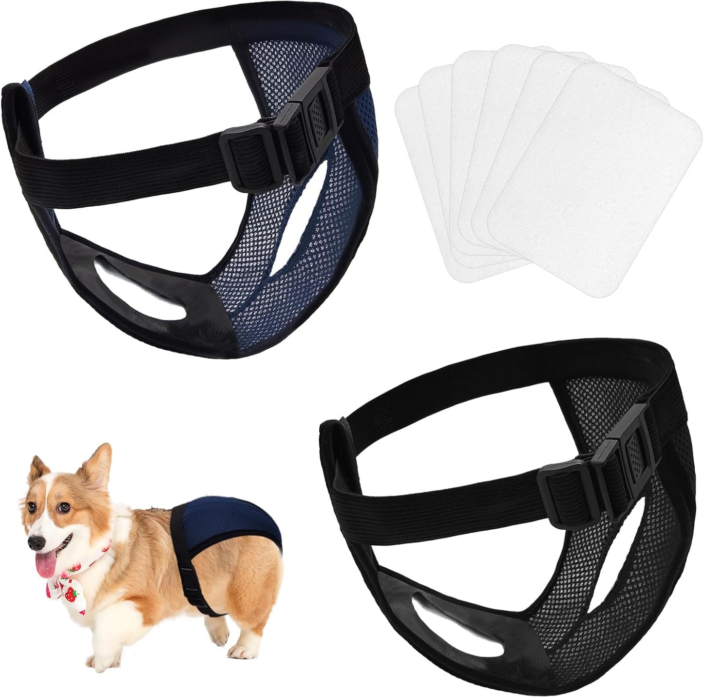 BLMHTWO 2PCS Dog Pants Dog Nappies, Dogs Period Pants with 6PCS Washable Female Dogs Season Pants Adjustable Protective Trousers for Female Puppy in Heat Monthly, Black, Blue