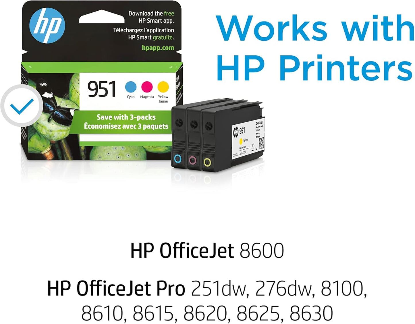 HP 951 Cyan, Magenta, Yellow Ink Cartridges (3 Pack) | Works with OfficeJet 8600, OfficeJet Pro 251dw, 276dw, 8100, 8610, 8620, 8630 | Eligible for Instant Ink | CR314FN