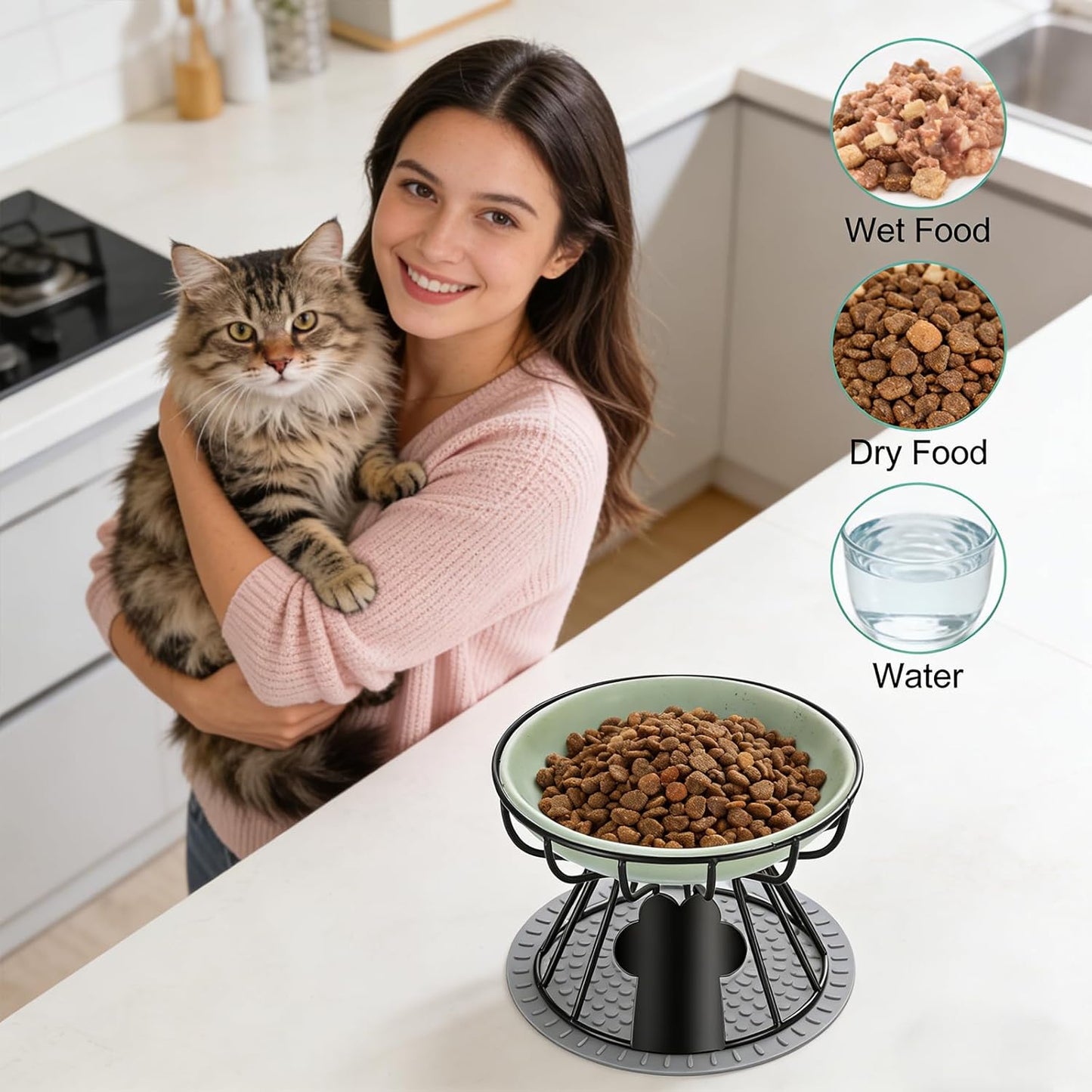Shallow Cat Dishes with Metal Stand,Elevated Cat Bowl,Ceramic Cat Bowls,Raised Cat Food Bowls,Pet Feeder for Indoor Cats,Kitten and Small Dogs, Dishwasher Safe