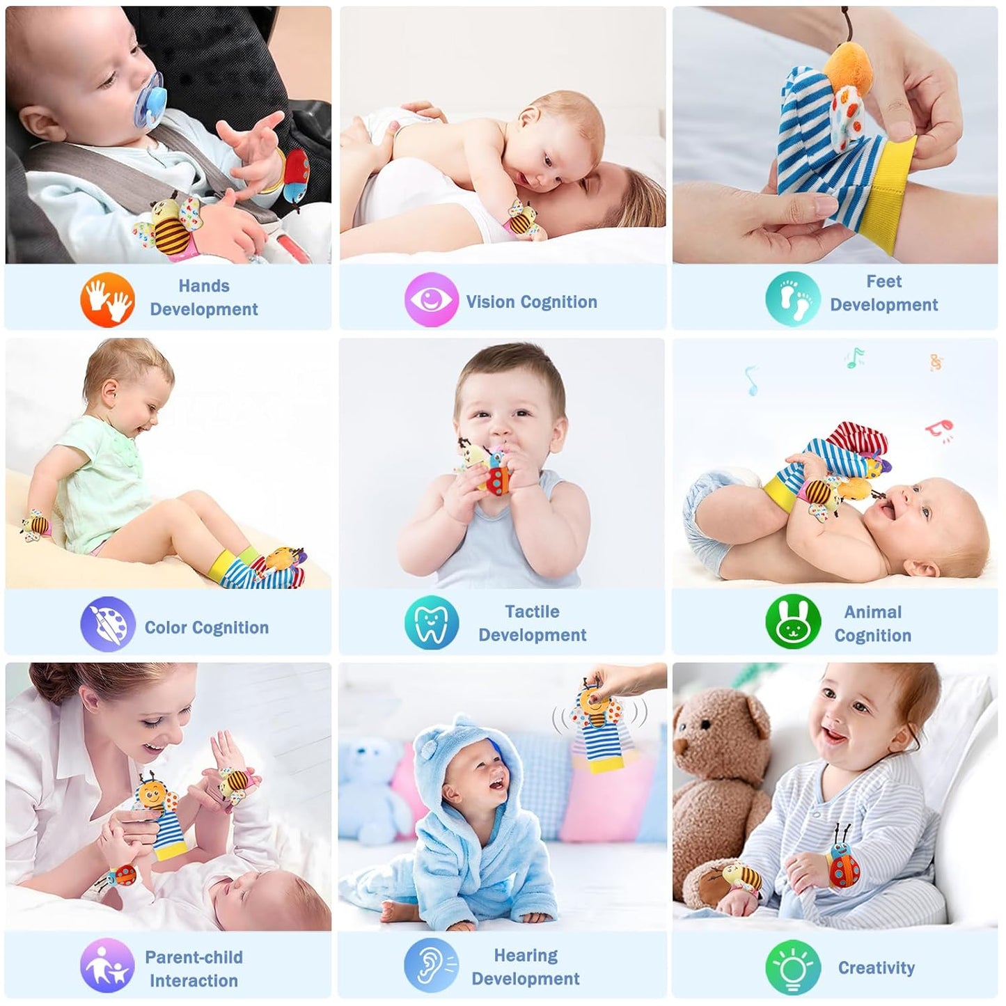 Bloobloomax Wrist Rattle Socks and Foot Finder Set, Infant Girl Boy Toys for Babies 0-36 Months, Newborn Hand & Foot Toys for 0 to 3 Years, Baby Shower Gifts Set Easter Basket Stuffer