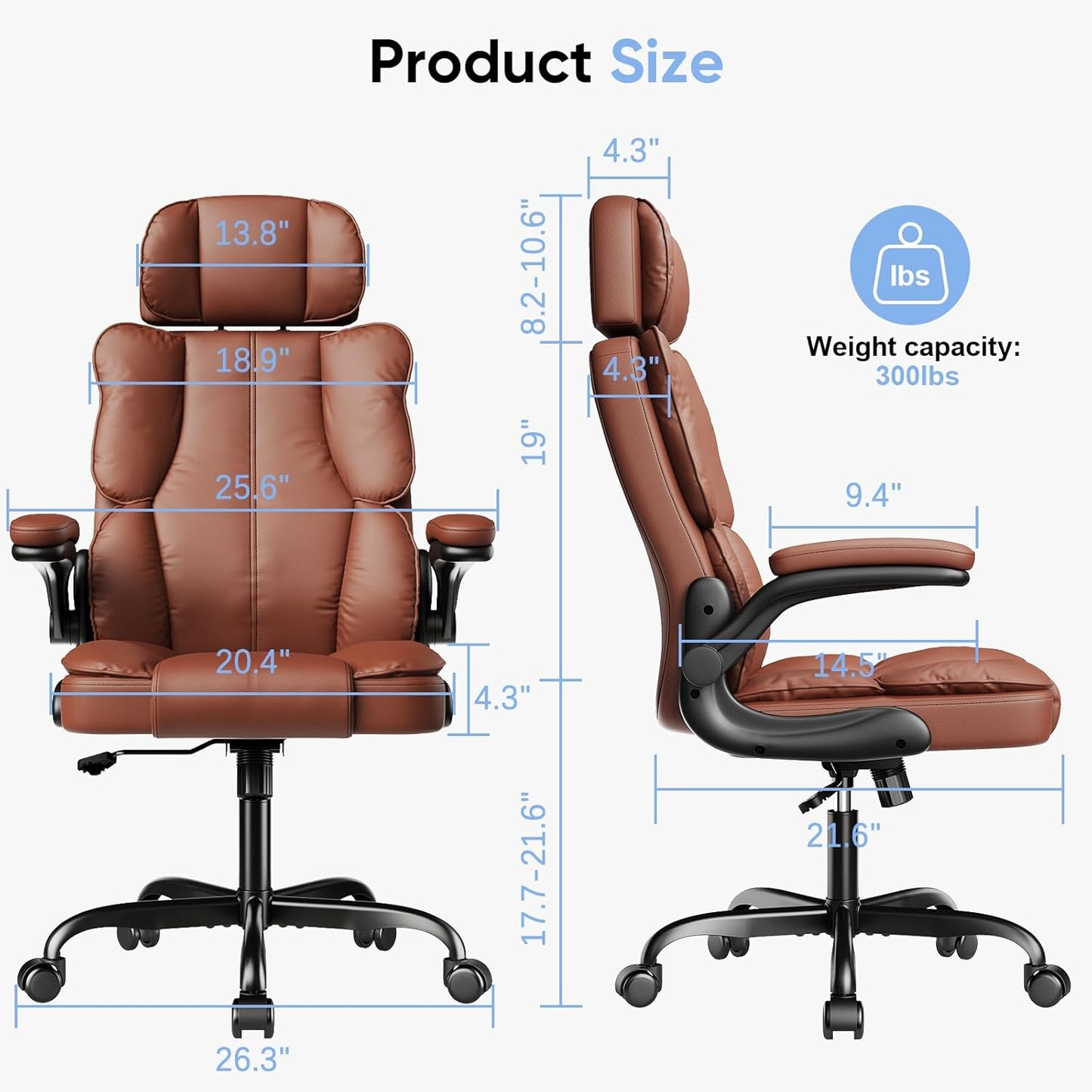 Executive PU Leather Office Chair, Computer Chair with Thick Cushion & Lumbar Support, Ergonomic Desk Chair with Adjustable Headrest & Armrests,Brown