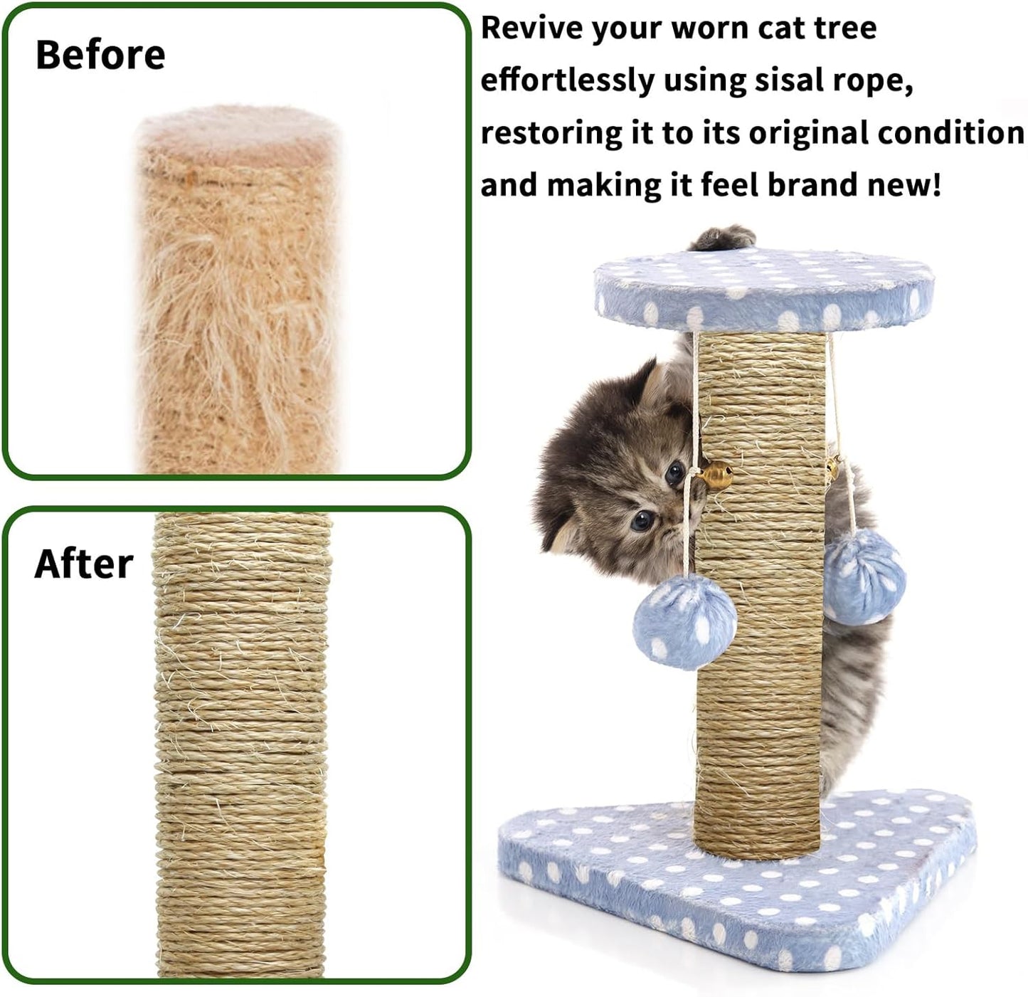 4mm Natural Sisal Rope - 164-Ft, Cat Scratcher Repair & DIY Cat Tree, Wide Application, Length Choices
