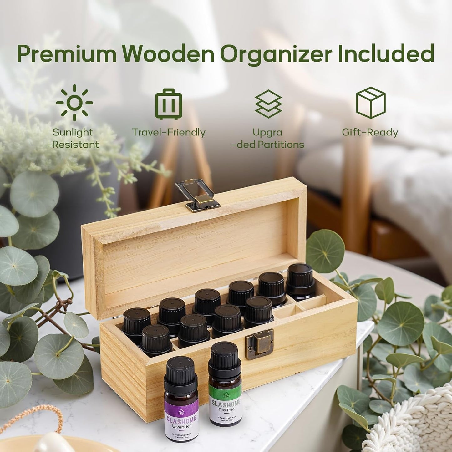 Essential Oils for Diffusers for Home - 12x10ml, for Candle Making, Natural Scented Oils for Diffuser, Humidifier, Spa & Gifts with Wood Box - Lavender, Peppermint, Sweet Orange, Tea Tree &More