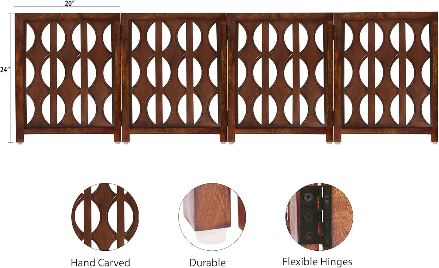 Wooden Foldable Pet Dog Safety Gate - 4 Panels Arc 20 W x 24 H- Hand Carved Solid Wood & MDF- Free Standing Portable Indoor Doorway Hall Stairs Puppy Fence -Fully Assembled- Cinnamon Brown -IRONGATE